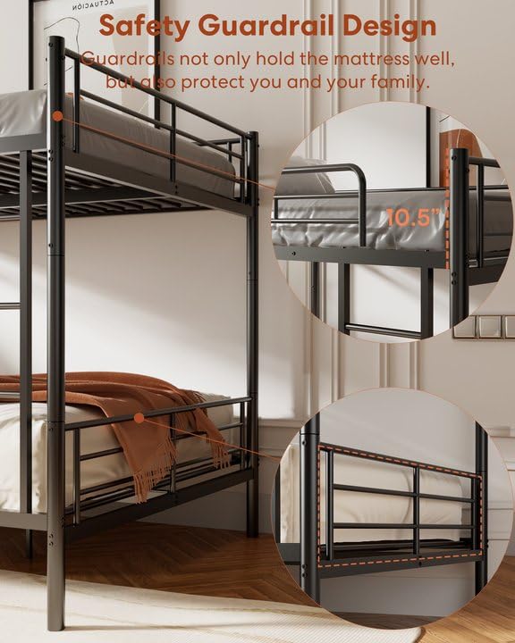 Full Over Full Metal Bunk Bed for Kids - Convertible to 2 Separate Full Size Beds - Heavy Duty Steel Bunk Bed Frame with High Safety Guardrail & Built-in Ladder - No Box Spring Required - Noise Free Design - Black - Perfect for Kids' Bedroom, Dorm Room or Space-Saving Guest Room