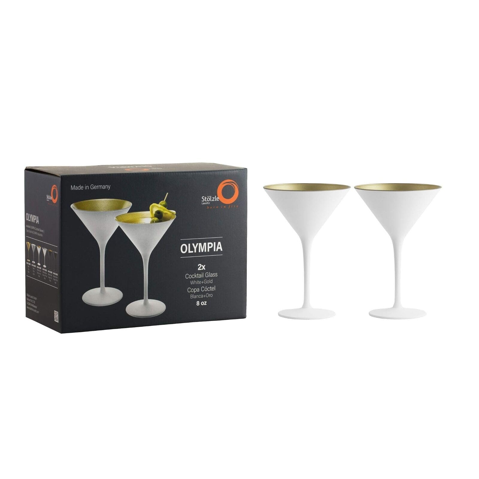 Stölzle Lausitz Olympia Martini Glass Set of 6 - 8 Oz Crystal Bar Glasses, Lead-Free & Dishwasher Safe - Luxury Drinkware for Cocktails, Parties & Gatsby-Style Events (White & Gold) - Perfect for Home Bars, Weddings & Upscale Entertaining