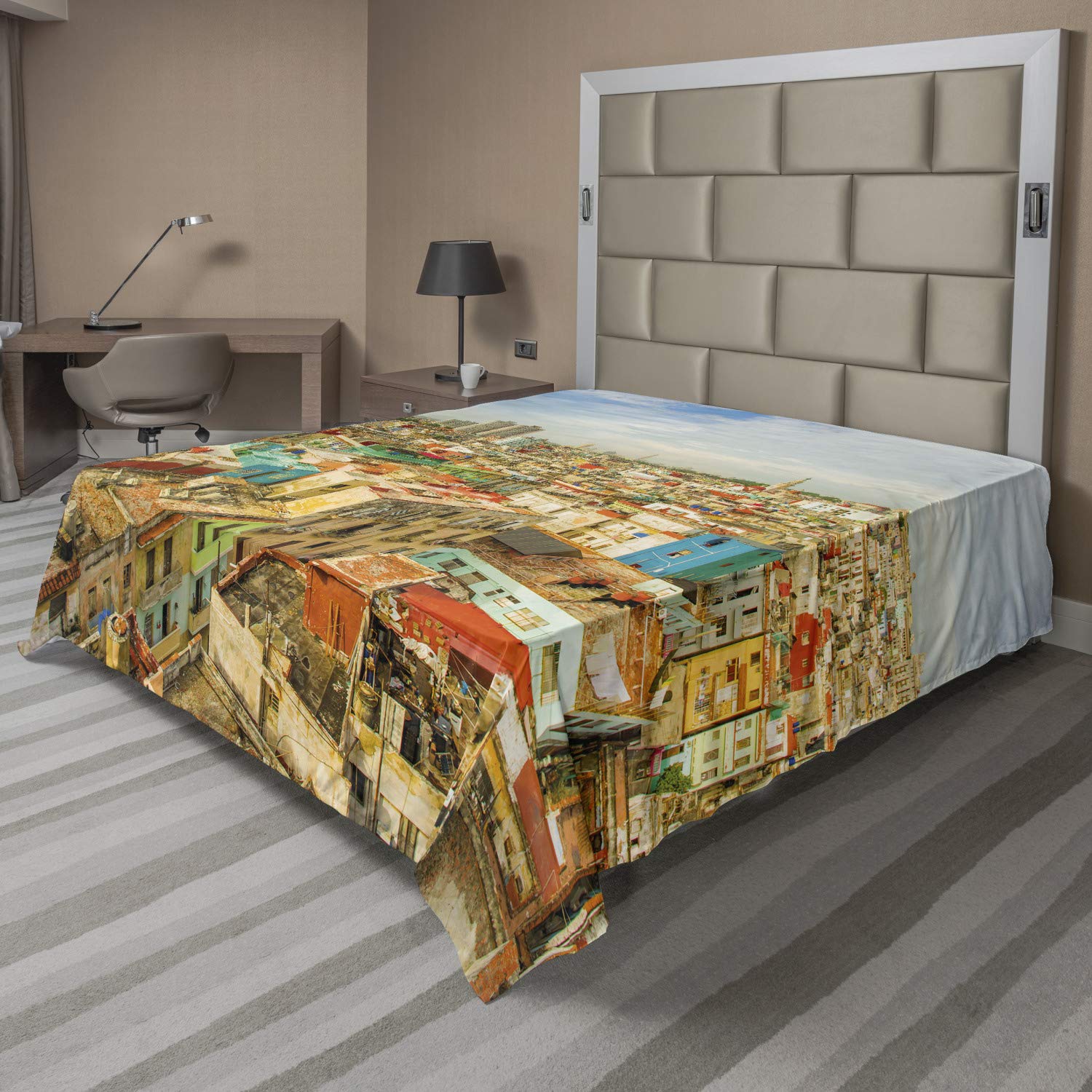 Ambesonne King Size Travel Flat Sheet - Soft, Comfortable Decorative Bedding with Havana City Vedado District Panorama | Vintage Cuban Colorful Houses Design | Perfect for Guest Rooms, Vacation Homes & Airbnb Stays