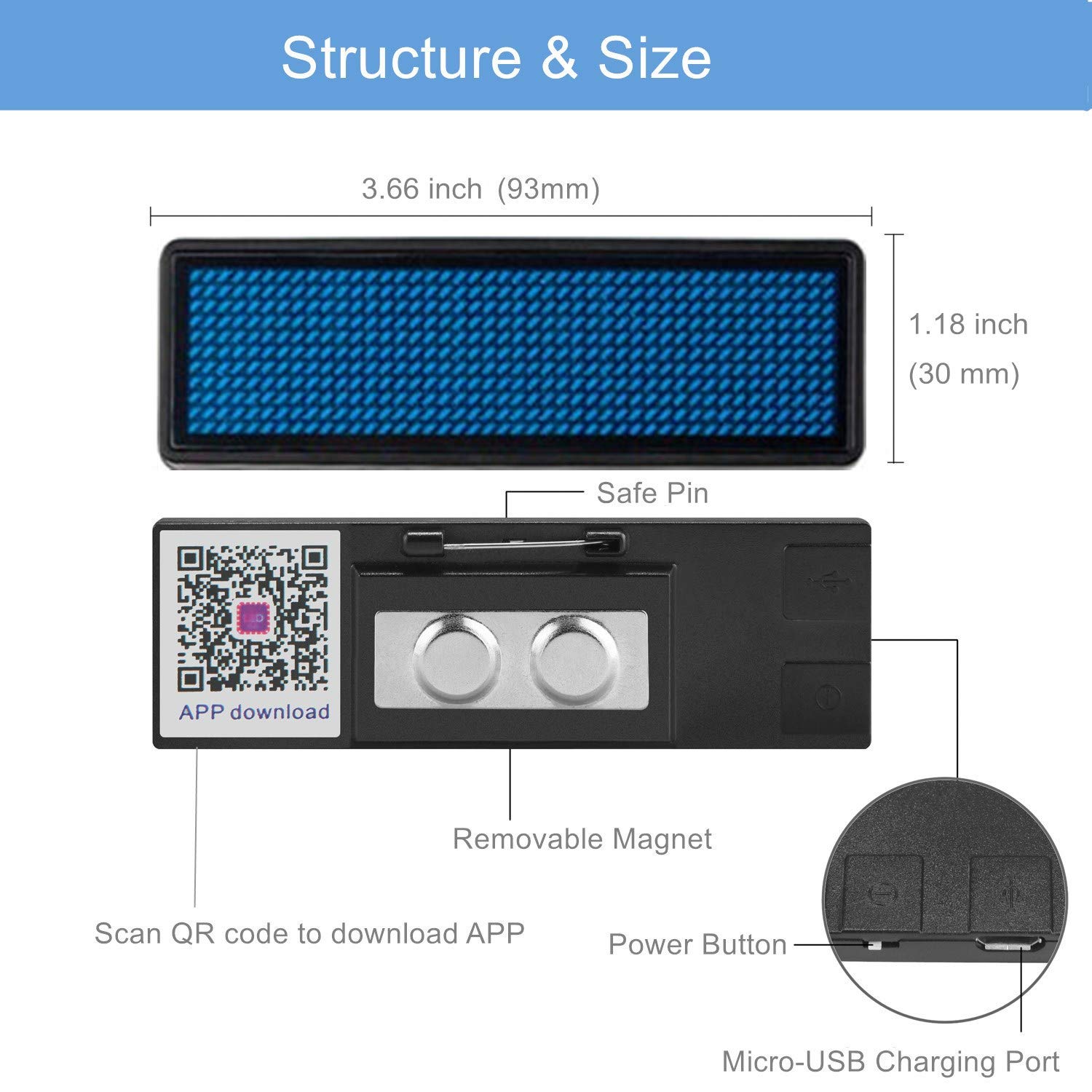 Programmable LED Name Badge - OUHL Upgraded Rechargeable Business Badge with Mini LED Display for Nightclubs, Parties, Retail & Corporate Events (Blue) | Perfect for Waiters, Hosts, Promoters & Customer Service Staff