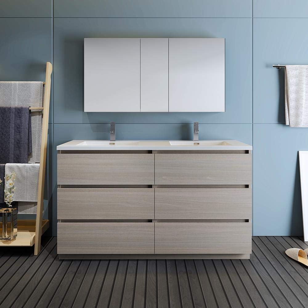 Fresca Lazzaro 60 Inch Gray Wood Modern Double Sink Bathroom Vanity with Medicine Cabinet - Free Standing Design (Faucet Not Included) for Master Bathroom or Guest Bath Remodel