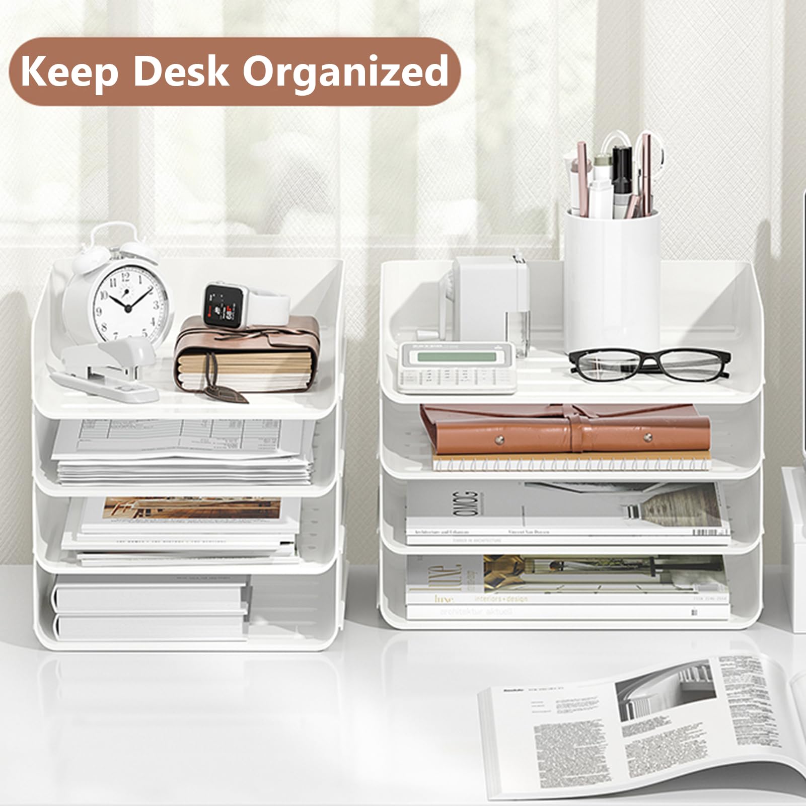Stackable Desk Organizer - 4-Tier White Paper Letter Tray for Office, Desktop File Holder, Book Storage Rack | Perfect for Home Office, School, and Workspace Organization