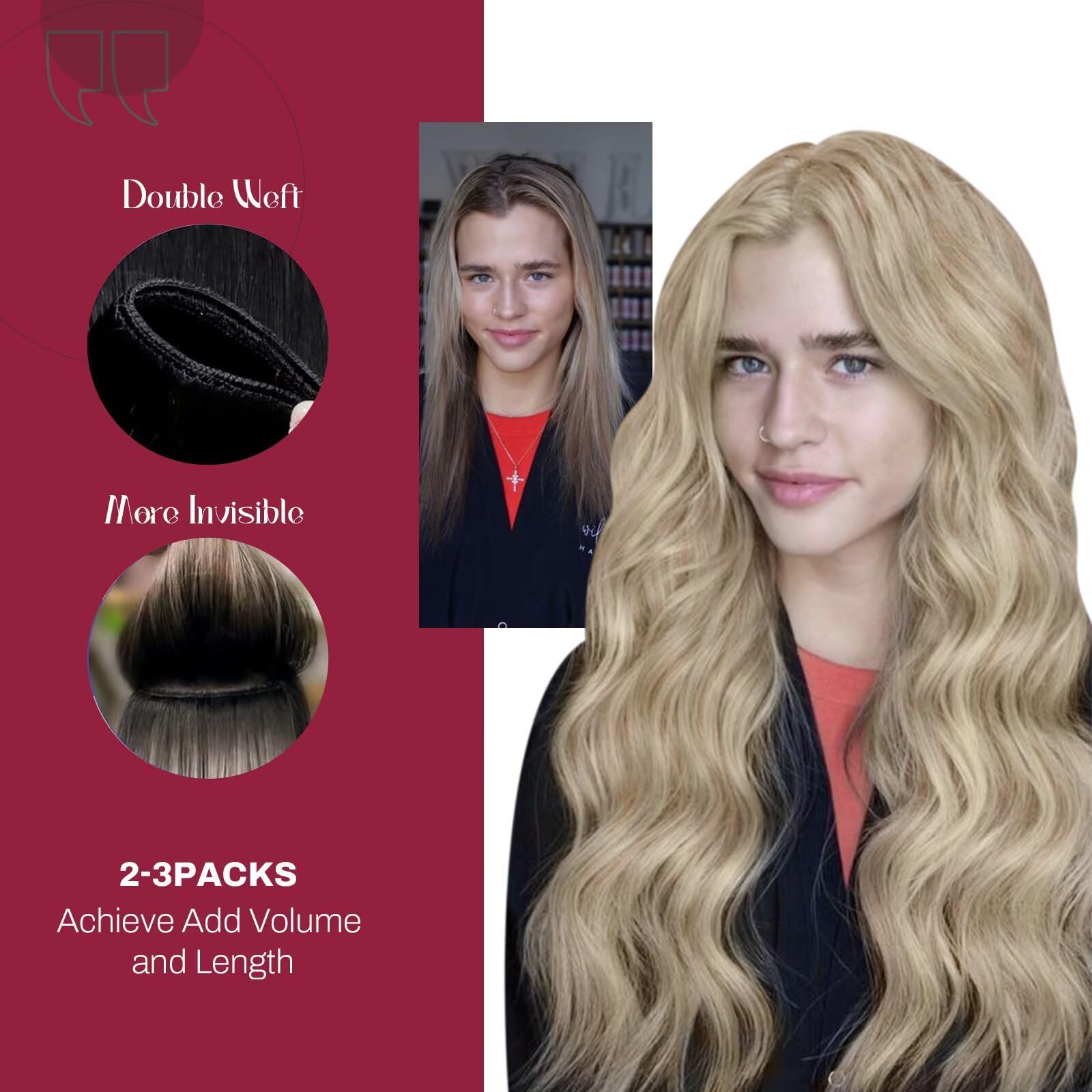24 Inch Vivien Sew-In Human Hair Extensions - Blonde & Golden Blonde Double Weft 100G Real Human Hair for Thick Full Head - Perfect for Parties, Weddings & Daily Styling