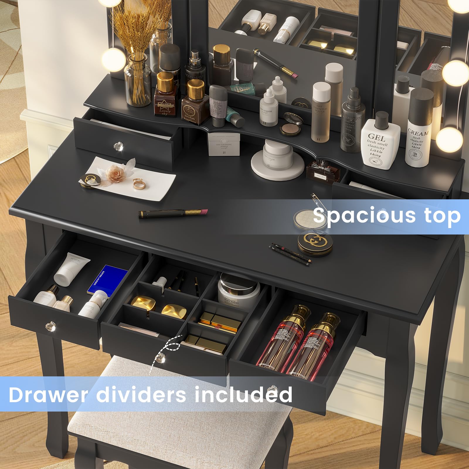 Tiptiper Vanity Desk with Lighted Tri-Fold Mirror & Stool - 5 Drawers Makeup Vanity Set, 3 Light Settings & Adjustable Brightness, Black - Perfect for Bedroom, Dressing Room & Beauty Salon Makeup Application
