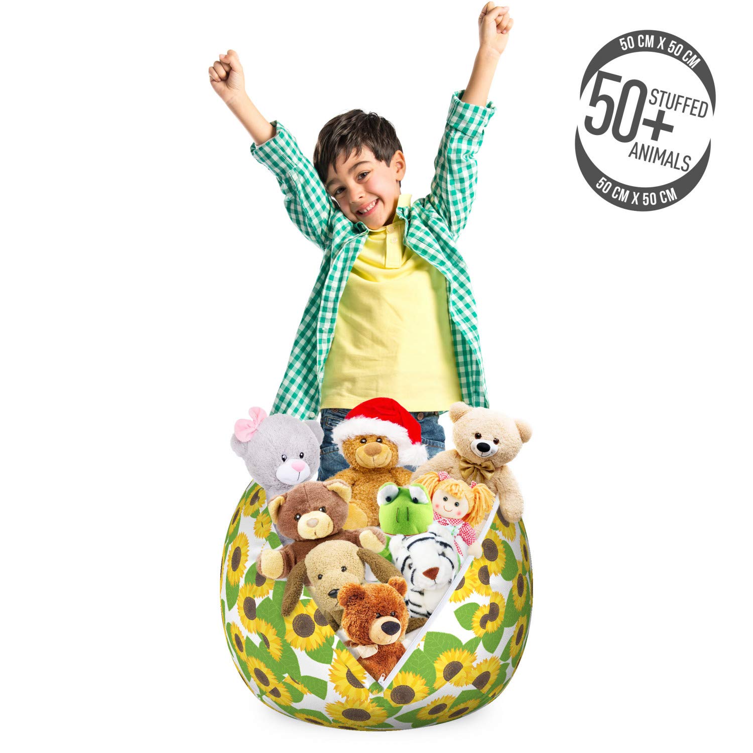 Lunarable Sunflower Storage Toy Bag Chair - Botanical Foliage & Blooming Sunflower Design, Washable Stuffed Animal Organizer Bag (Small, Green/Brown) | Kids Room Decor, Playroom Storage, Nursery Organization