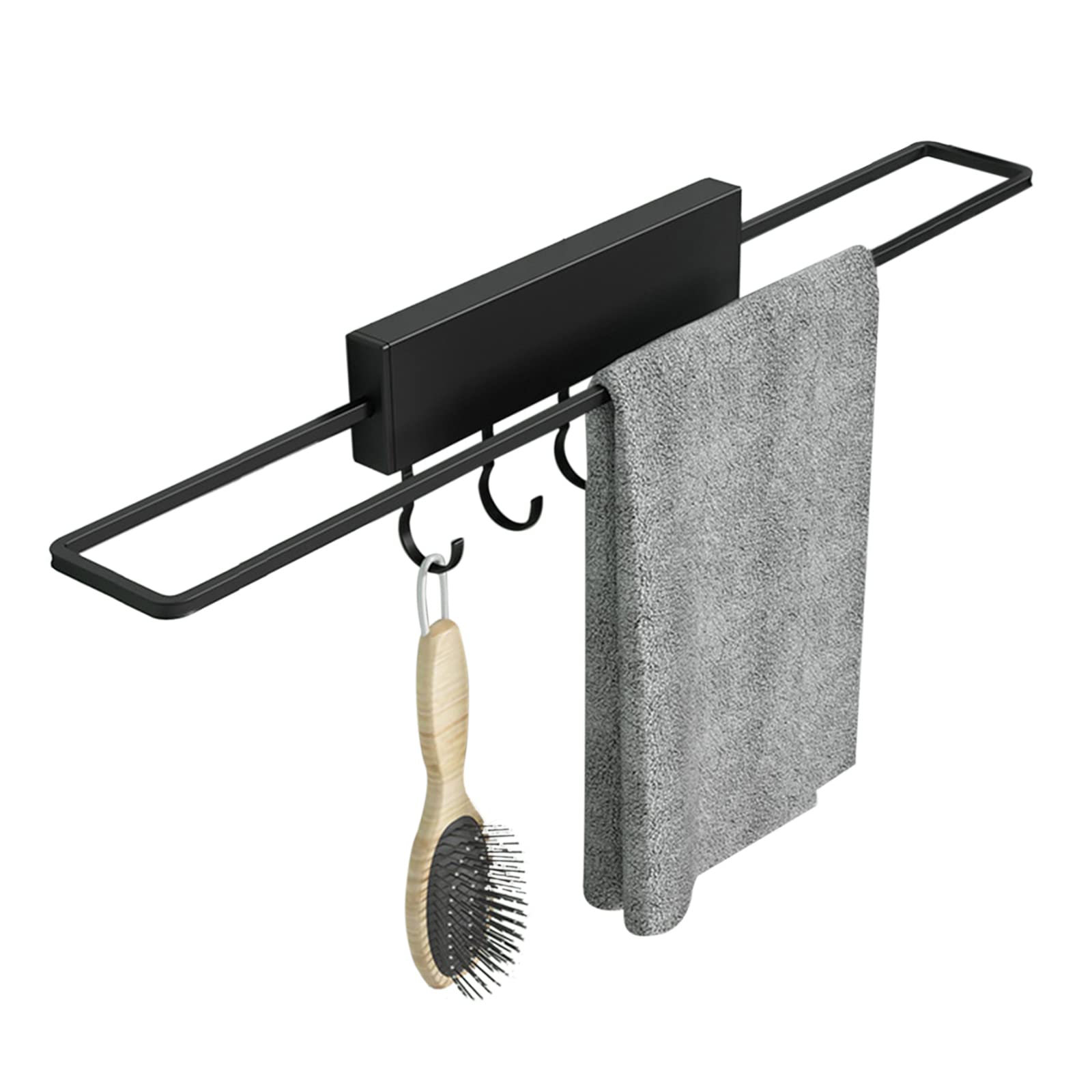 No Drill Adhesive Wall Mounted Black Aluminum Towel Shelf with Hook - 22.6 Inch Space Saving Folding Towel Rail for Bathroom, Kitchen & Laundry Organization
