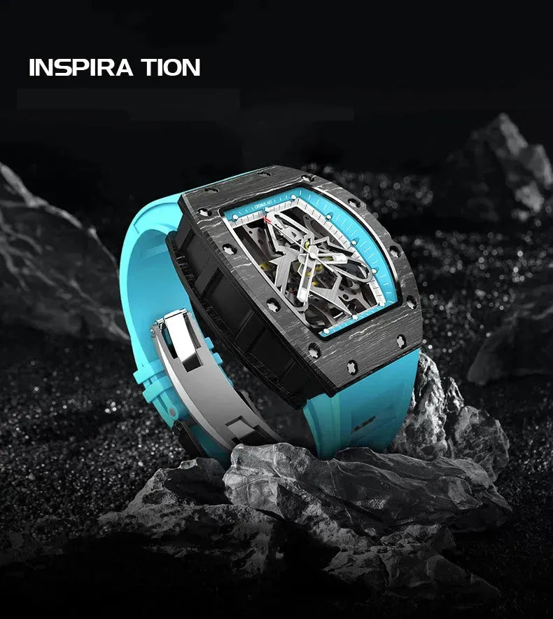 Premium CRONUSART Men's Automatic Skeleton Watch - Luxury Tonneau Design with Carbon Fiber Case, Luminous Hands & Fluororubber Strap - Perfect for Business, Formal Events & Gift Giving