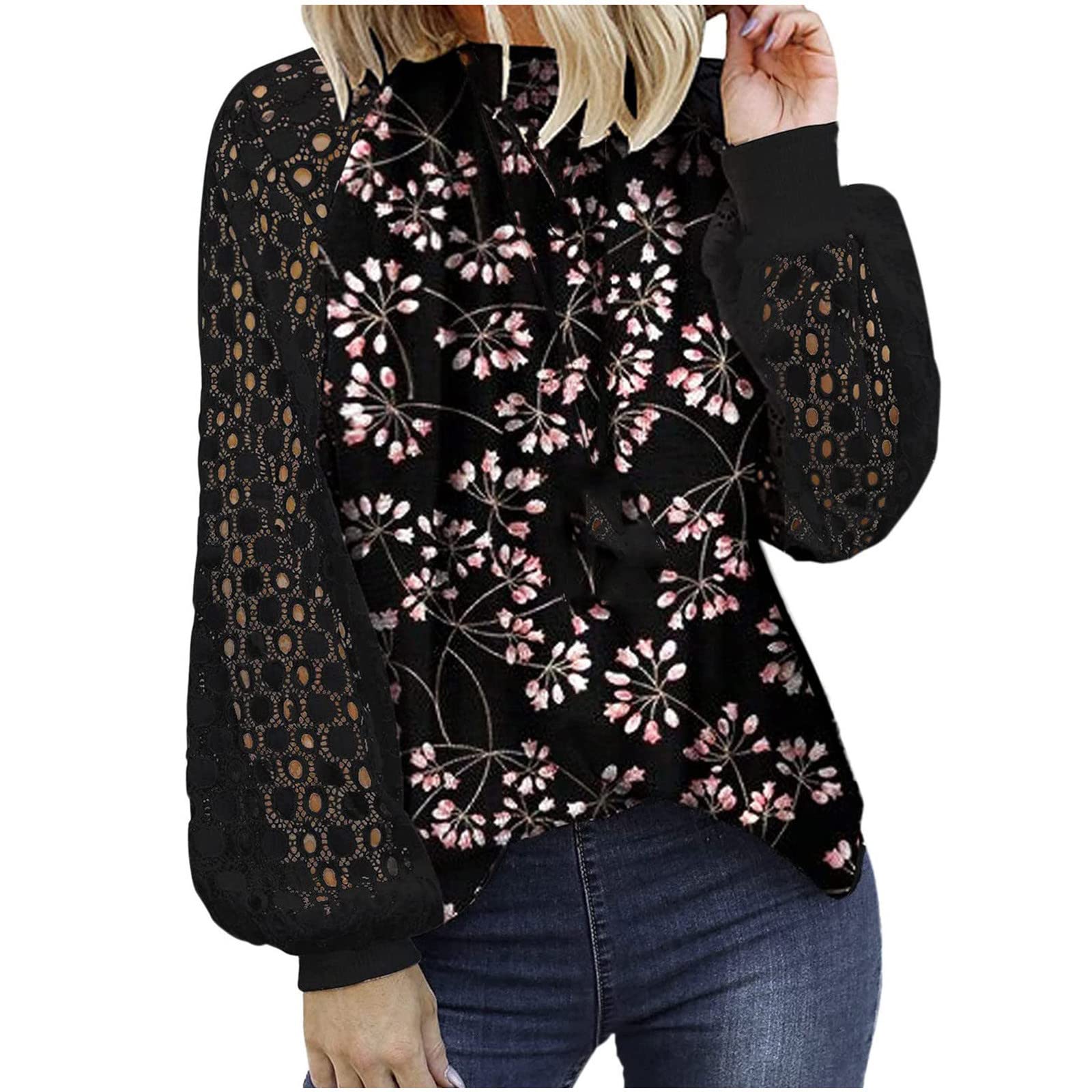 Stylish Women's Lantern Sleeve Openwork Sweater - Waffle Knit Pullover with Lace Stitching Blouse | Fall Fashion Top for Casual Outings & Office Wear