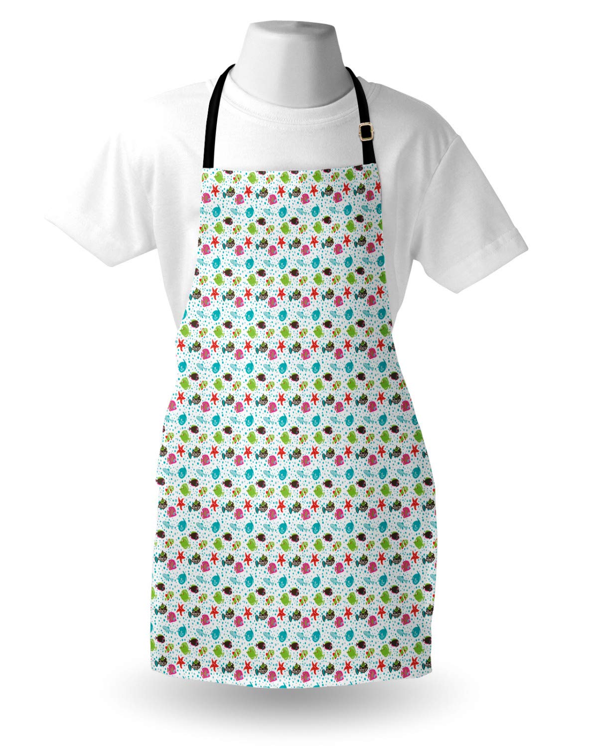 Ambesonne Underwater Themed Apron - Doodle Fish, Starfish, Anemone & Butterflyfish Design - Adjustable Unisex Kitchen Bib for Cooking, Baking, BBQ & Gardening - Waterproof Adult Size Apron for Home Chefs & Outdoor Enthusiasts