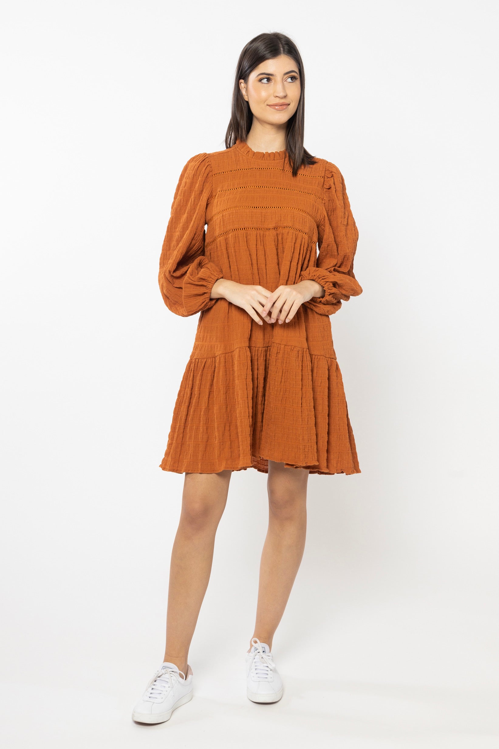 Cinnamon Shirred Cotton Long Sleeve Frill Hem Dress for Women | Boho Chic Flowy Maxi Dress for Casual Outings & Summer Vacations