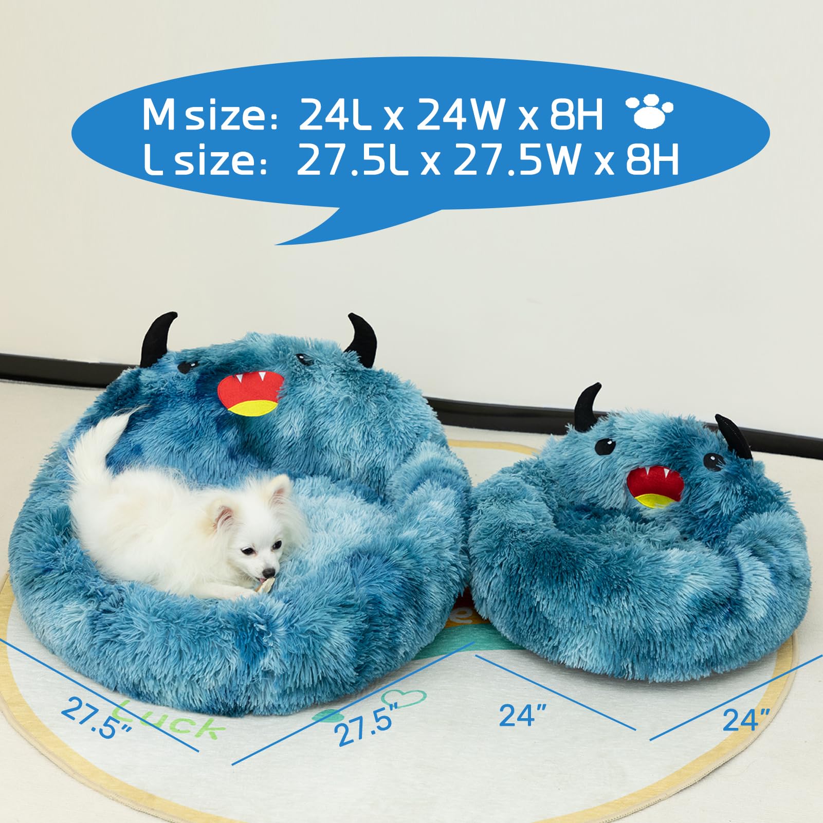 Hollypet Self-Warming Donut Pet Bed - Round Faux Fur Luxury Cozy Cat & Dog Bed - Soft Monster Sleeping Nest for Pets - Large Blue - Perfect for Winter Warmth & Indoor Comfort