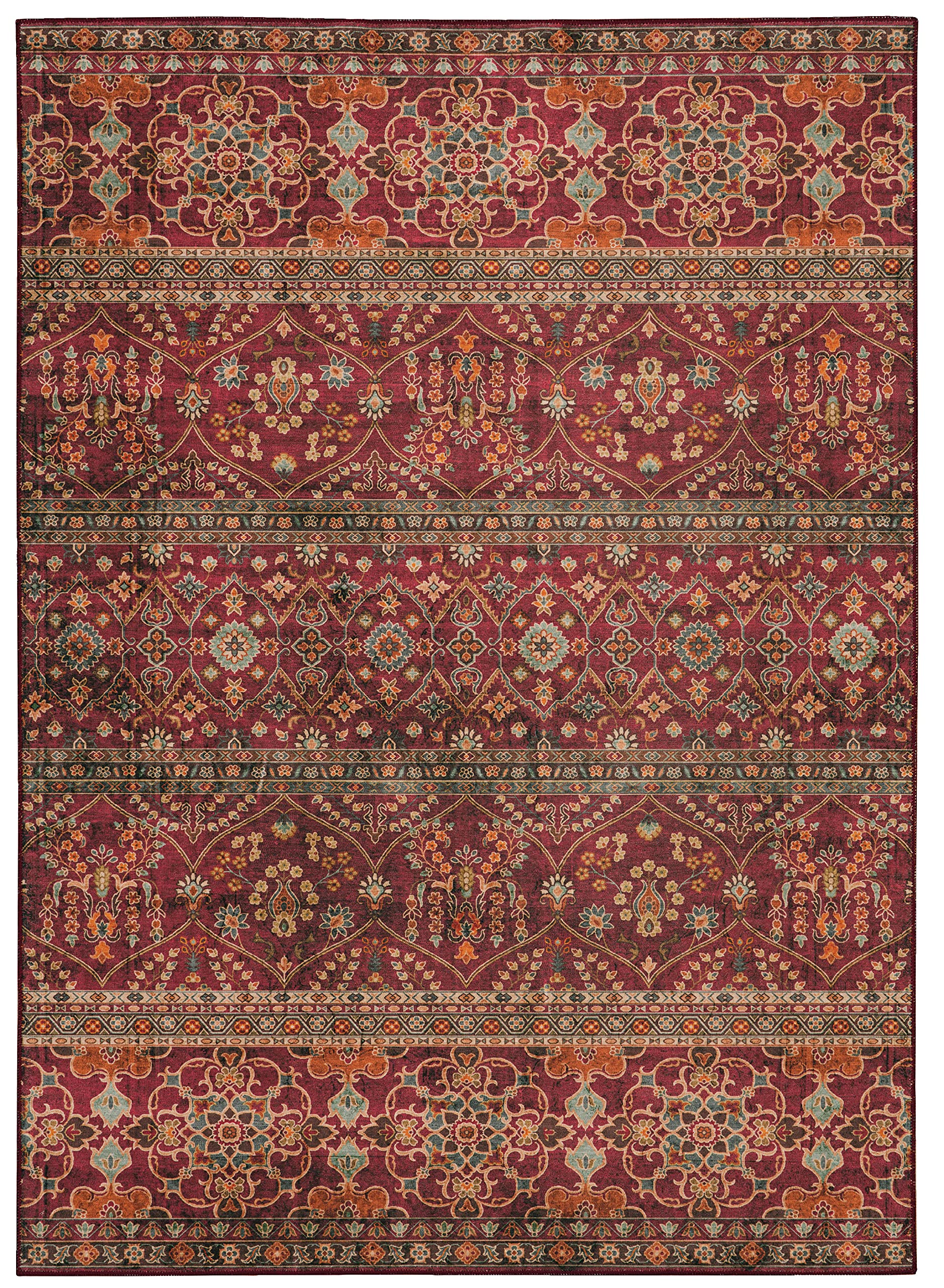 Linon Home Decor Washable Area Rug 5' x 7' - Yarit Garnet & Ivory - Soft Non-Slip Indoor Outdoor Rug for Living Room, Bedroom, Patio