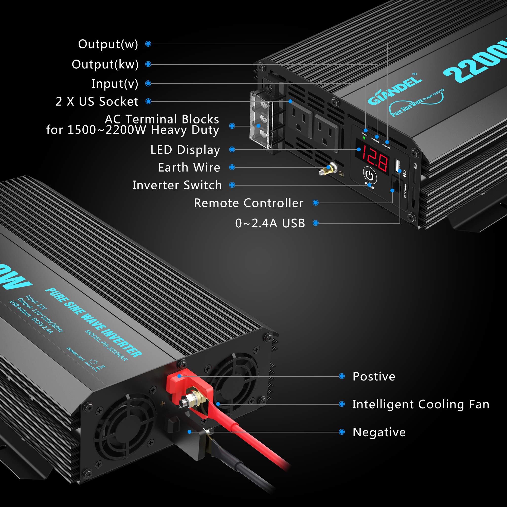 GIANDEL 2200W Pure Sine Wave Power Inverter - 12V DC to 120V AC Converter with 20A Hardwire Kit & 15FT Remote - ETL/UL458 Certified for RV, Truck, Boat, Solar & Emergency Backup Power - 3 Year Warranty