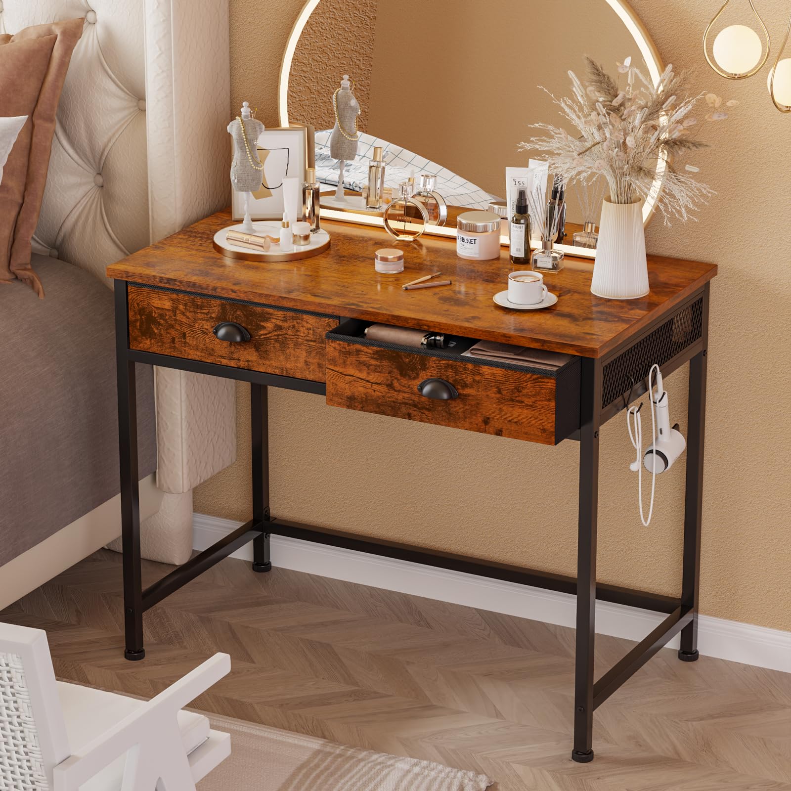 Furologee 36 Inch Computer Desk with 2 Fabric Drawers - Small Home Office Writing Desk, Vanity Makeup Table with Hooks - Rustic Brown Study Desk for Small Spaces - Perfect for Home Office, Dorm Room & Bedroom Workspace