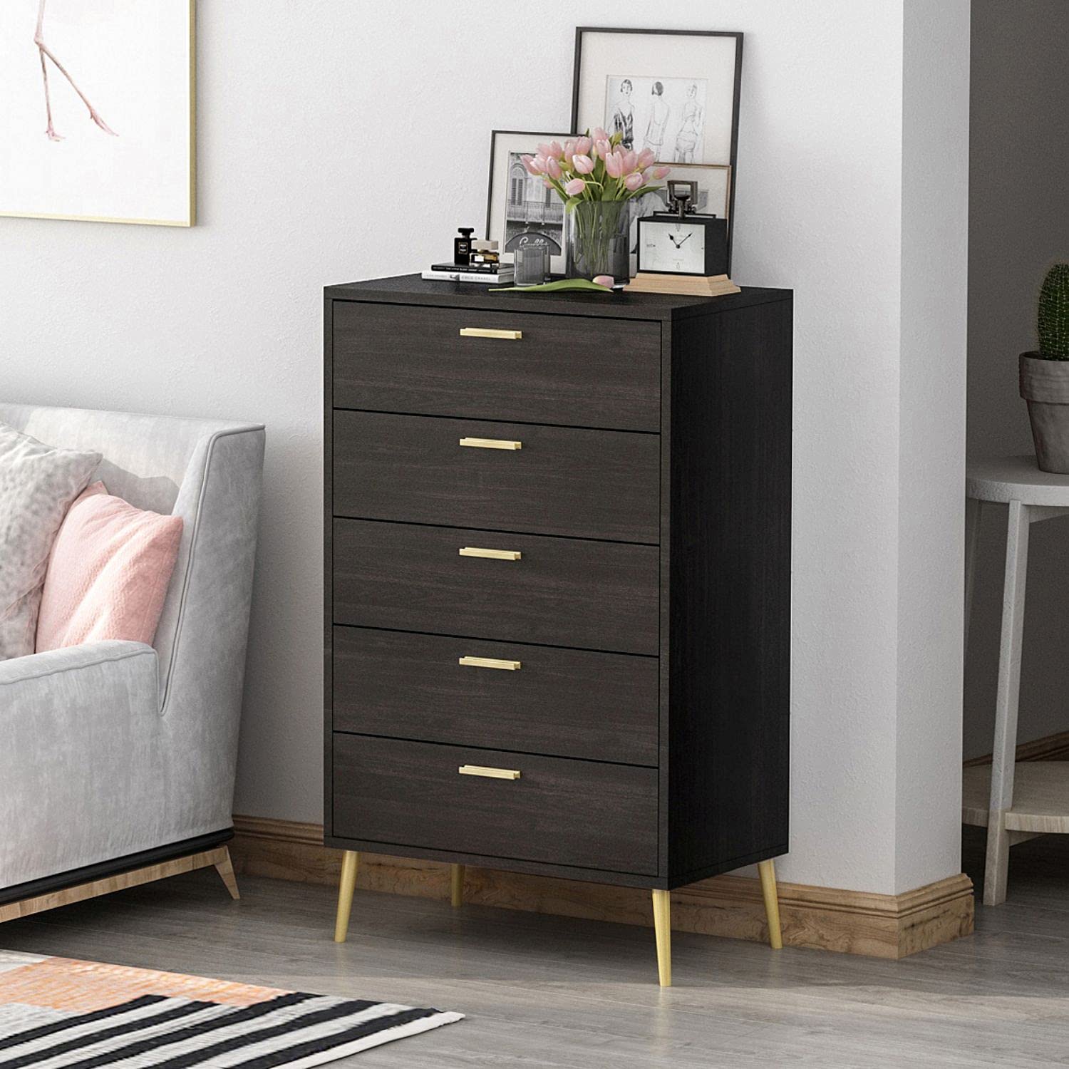 DiDuGo 5-Drawer Wooden Dresser with Gold Metal Legs - Espresso Bedroom Chest of Drawers, 27.4