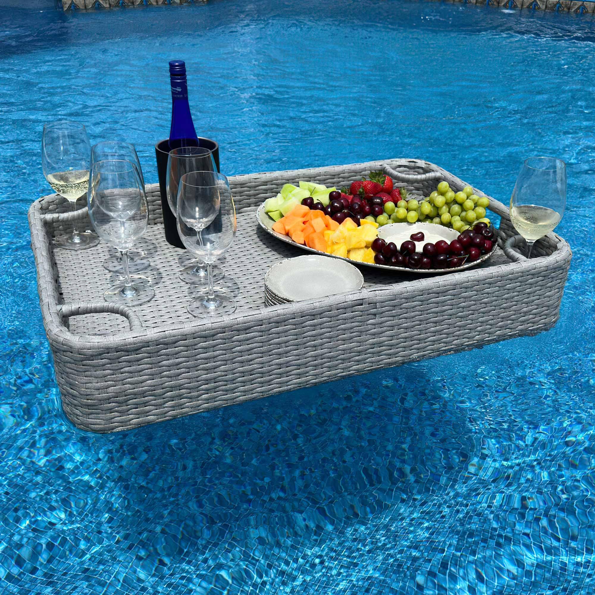 Sunjoy 36x24 Inch Wicker Floating Pool Tray with Aluminum Frame - Waterproof Floating Serving Tray for Drinks, Snacks & Essentials - Fits Most Swimming Pools - Perfect for Pool Parties, Relaxation & Summer Fun - Grey