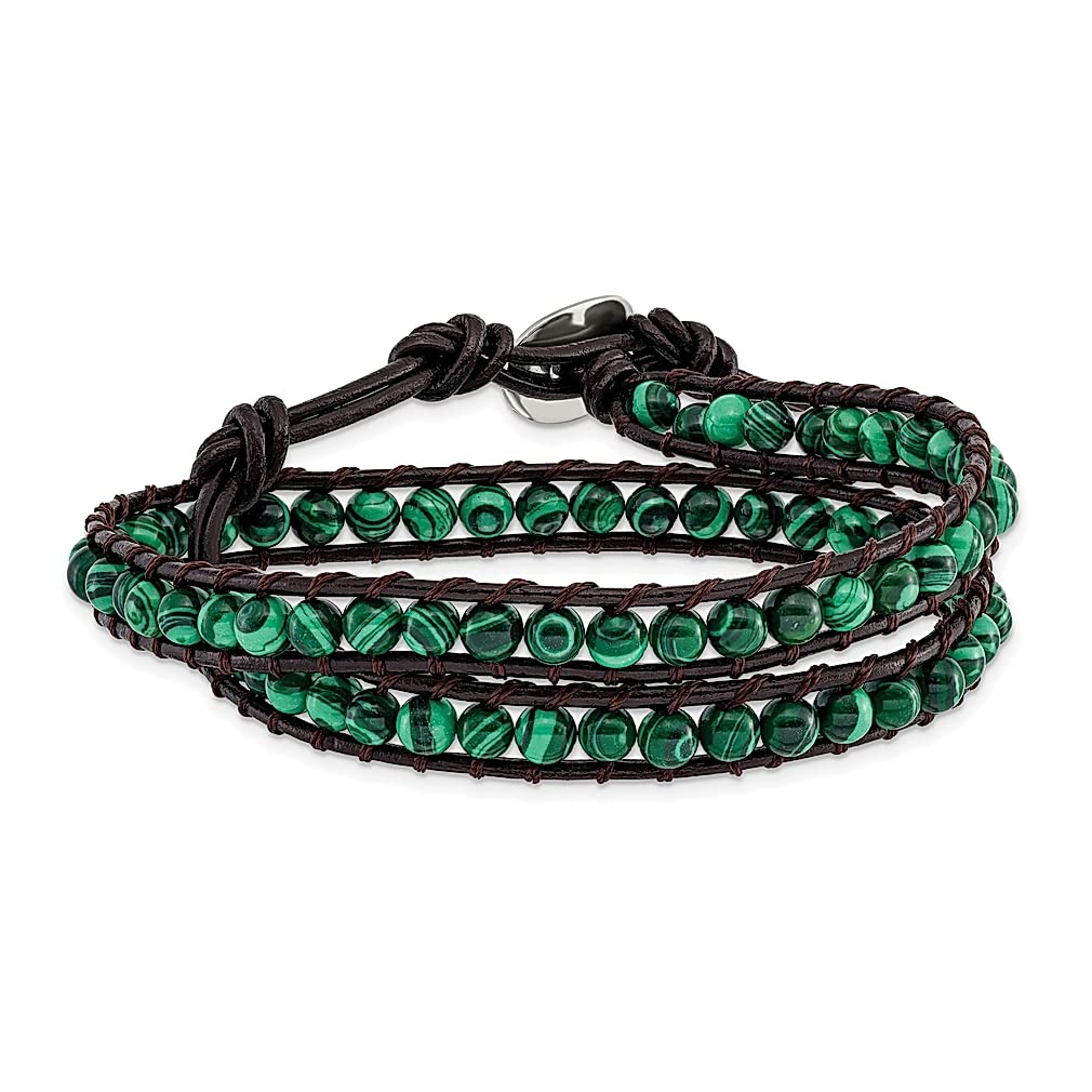 6mm Green Malachite Beads Adjustable Leather Cord Multi-Wrap Bracelet - Natural Stone Shell Wood Fashion Jewelry for Women | Boho Chic Style, Yoga Accessory, Spiritual Healing Gift for Her