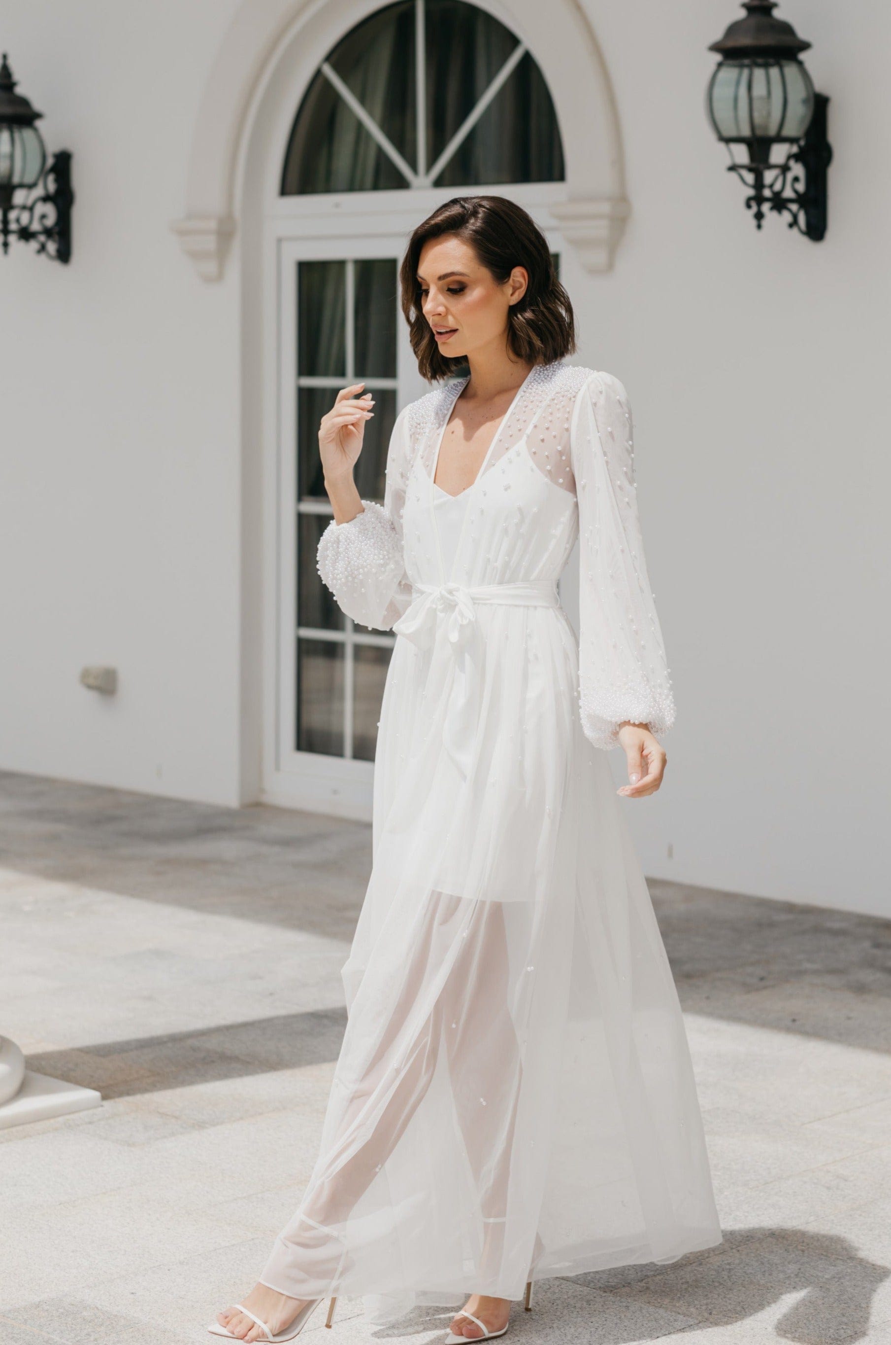 Millie Hand-Beaded Pearl Mesh Maxi Dress with Slip - Elegant Evening Gown for Weddings, Parties & Special Occasions