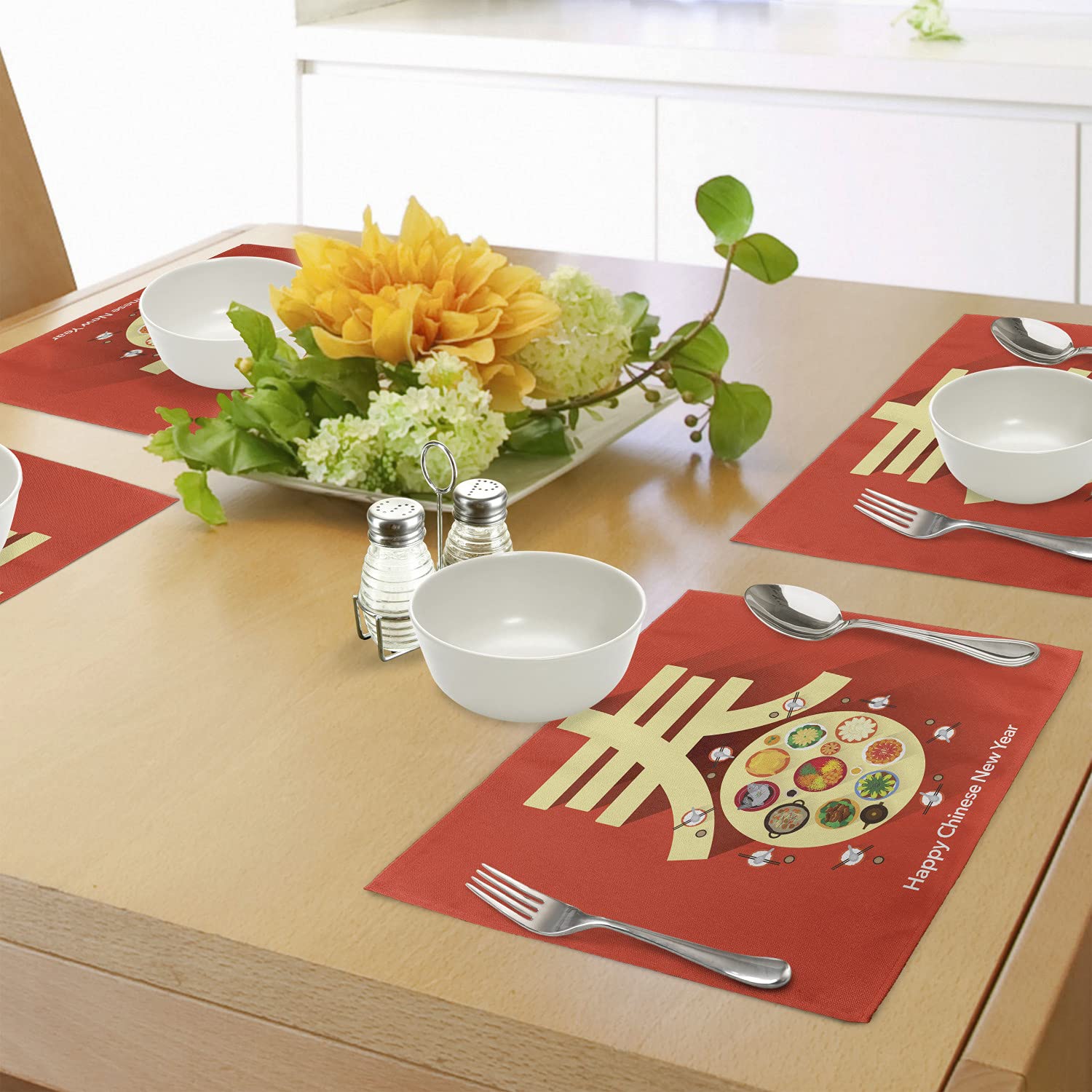 Ambesonne Chinese New Year Place Mats Set of 4 - Traditional Lunar Festival Table Decor with Family Reunion Dinner Design - Washable Fabric Dining Table Mats - Red & Yellow Standard Size - Perfect for Holiday Celebrations, Home Decor, and Festive Gatherings