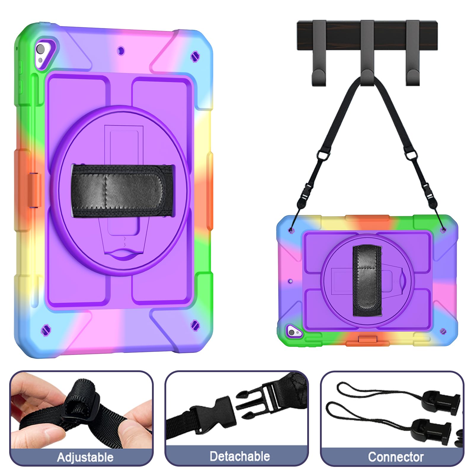 LTROP Shockproof iPad Case for 6th/5th Gen & iPad Air 2 (9.7 inch) - Kids Protective Cover with 360° Rotating Stand, Pencil Holder & Hand Strap (Purple) | Perfect for School, Travel & Home Use