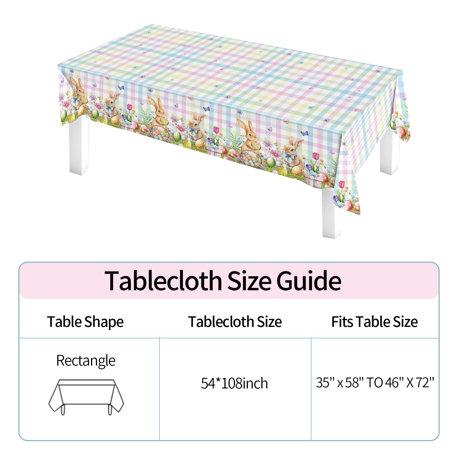 3PCS Easter Tablecloth Set - Disposable Waterproof Plastic Table Cover 54x108 Inch, Spring Bunny Buffalo Check Plaid Design for Easter Party, Birthday Celebration & Outdoor Picnic Decorations (Easter Table Decor)
