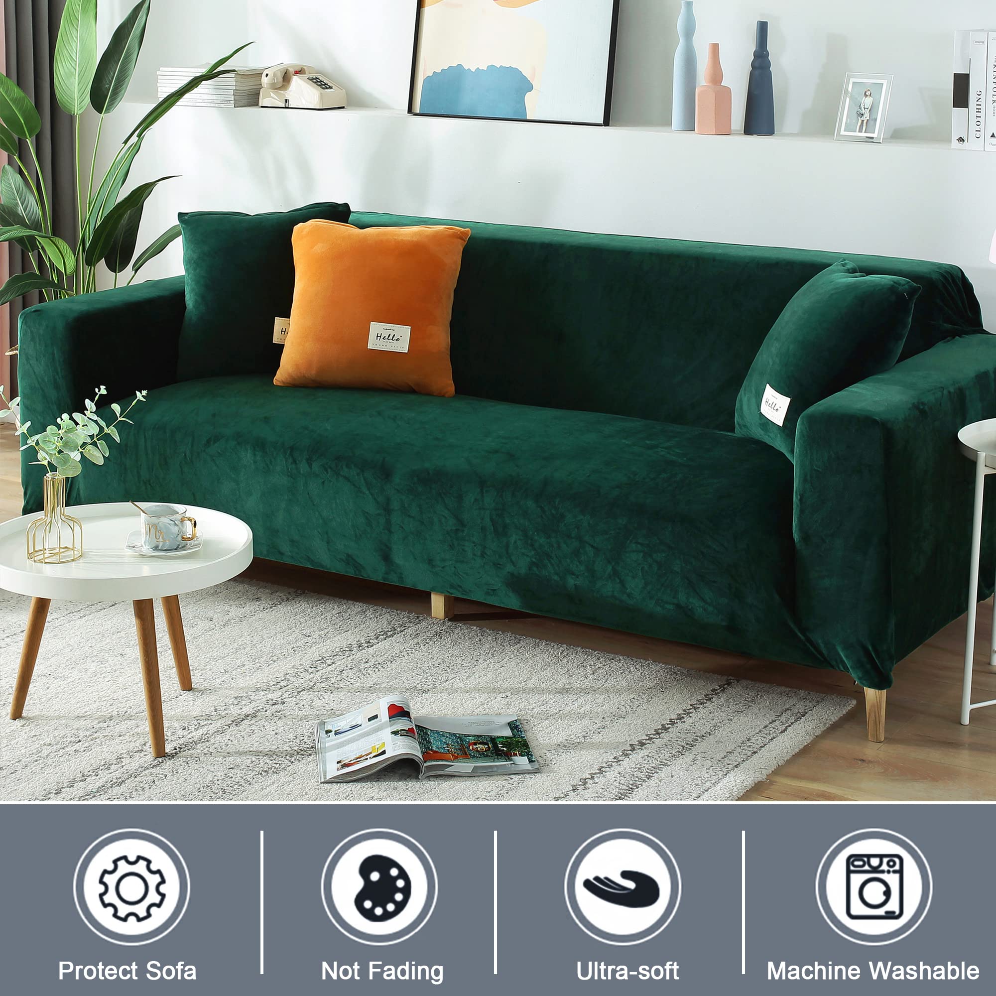 Stretch Velvet Sofa Slipcover - Soft Furniture Protector with Pillowcase for Pets & Kids (X-Large, Dark Green) | Perfect for Living Room, Family Room & Pet-Friendly Homes