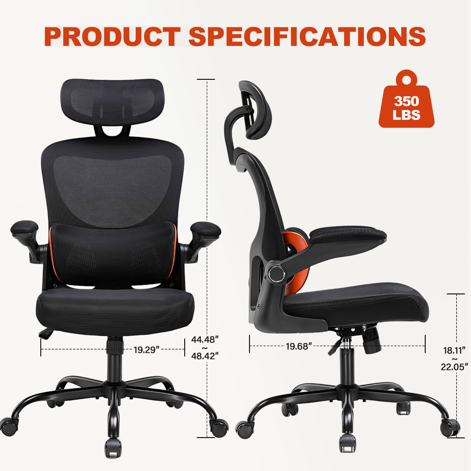 COMHOMA Ergonomic Office Desk Chair with 3D Adjustable Lumbar Support & Headrest - High Back Executive Computer Chair for Back Pain Relief, Flip-Up Armrests, Comfortable Mesh Task Chair (Ergo-Black) - Perfect for Home Office, Gaming, and Long Work Sessions
