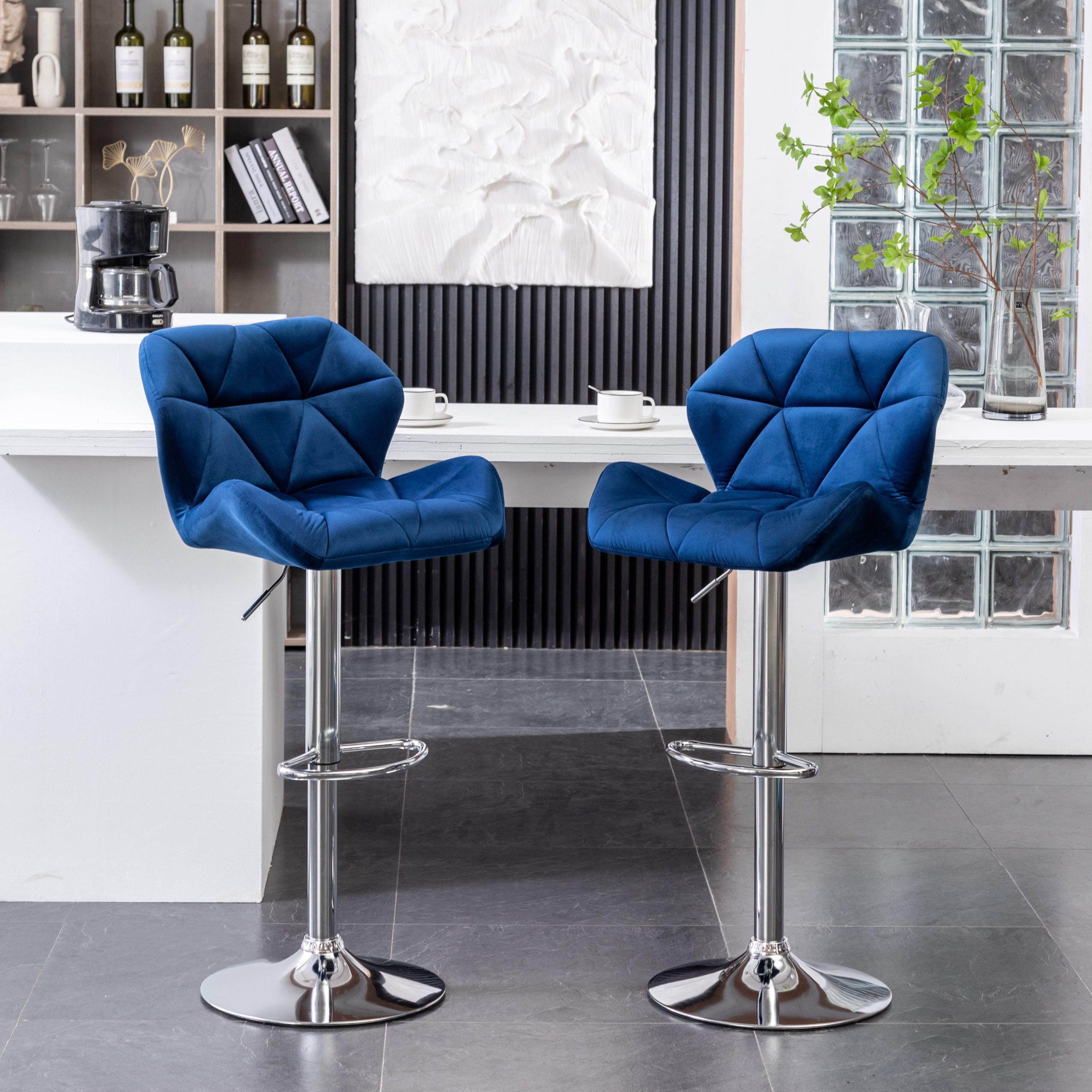 Roundhill Furniture Breni Velvet Diamond Tufted Swivel Adjustable Height Bar Stool - Set of 2, Navy Blue Velvet Upholstery - Perfect for Kitchen Islands, Home Bars & Breakfast Nooks