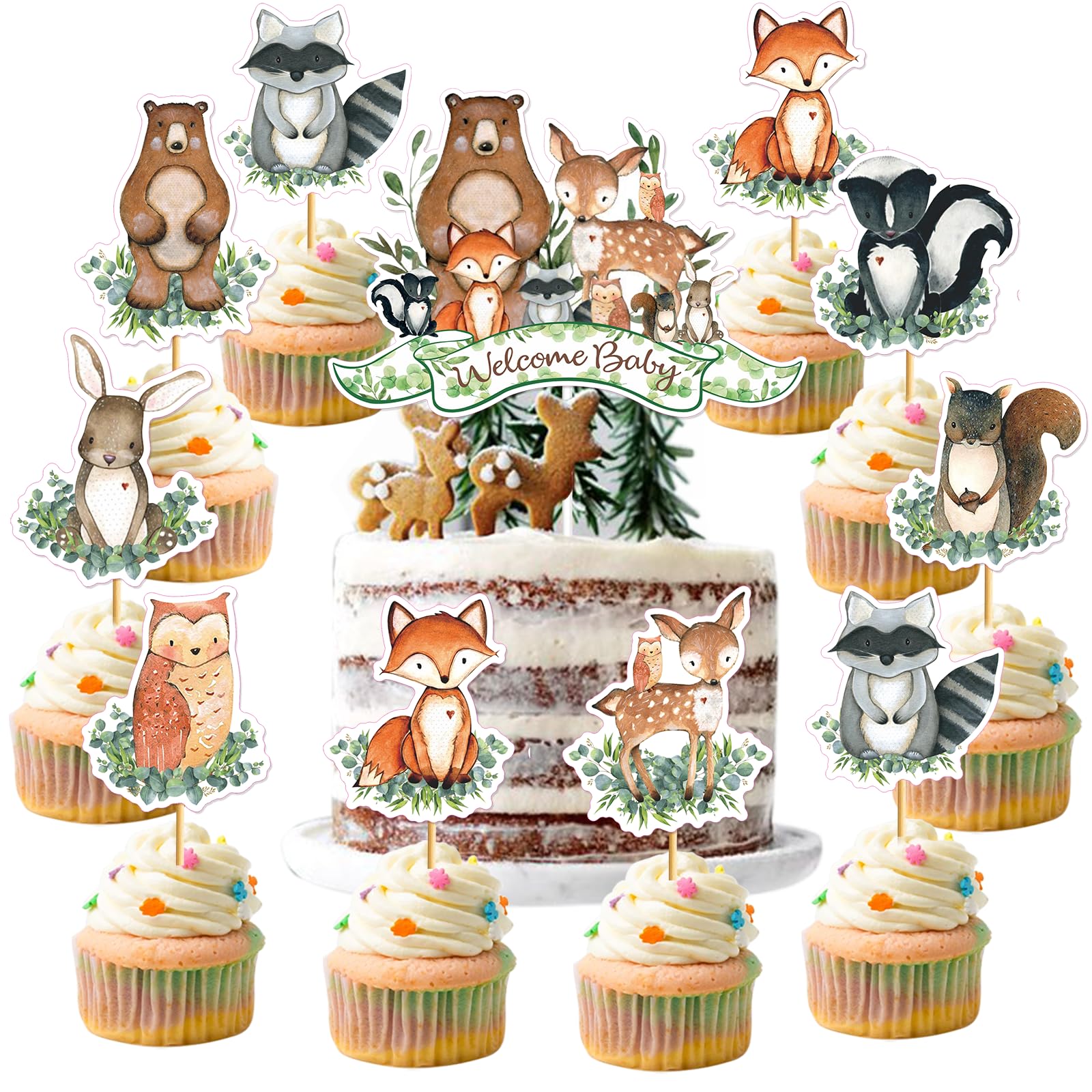 49Pcs Woodland Animal Cupcake Toppers - Adorable Fox, Deer, Bunny & Owl Decorations for Baby Shower, Birthday Cakes & Party Desserts - Perfect for Woodland Theme Celebrations & DIY Baking Projects