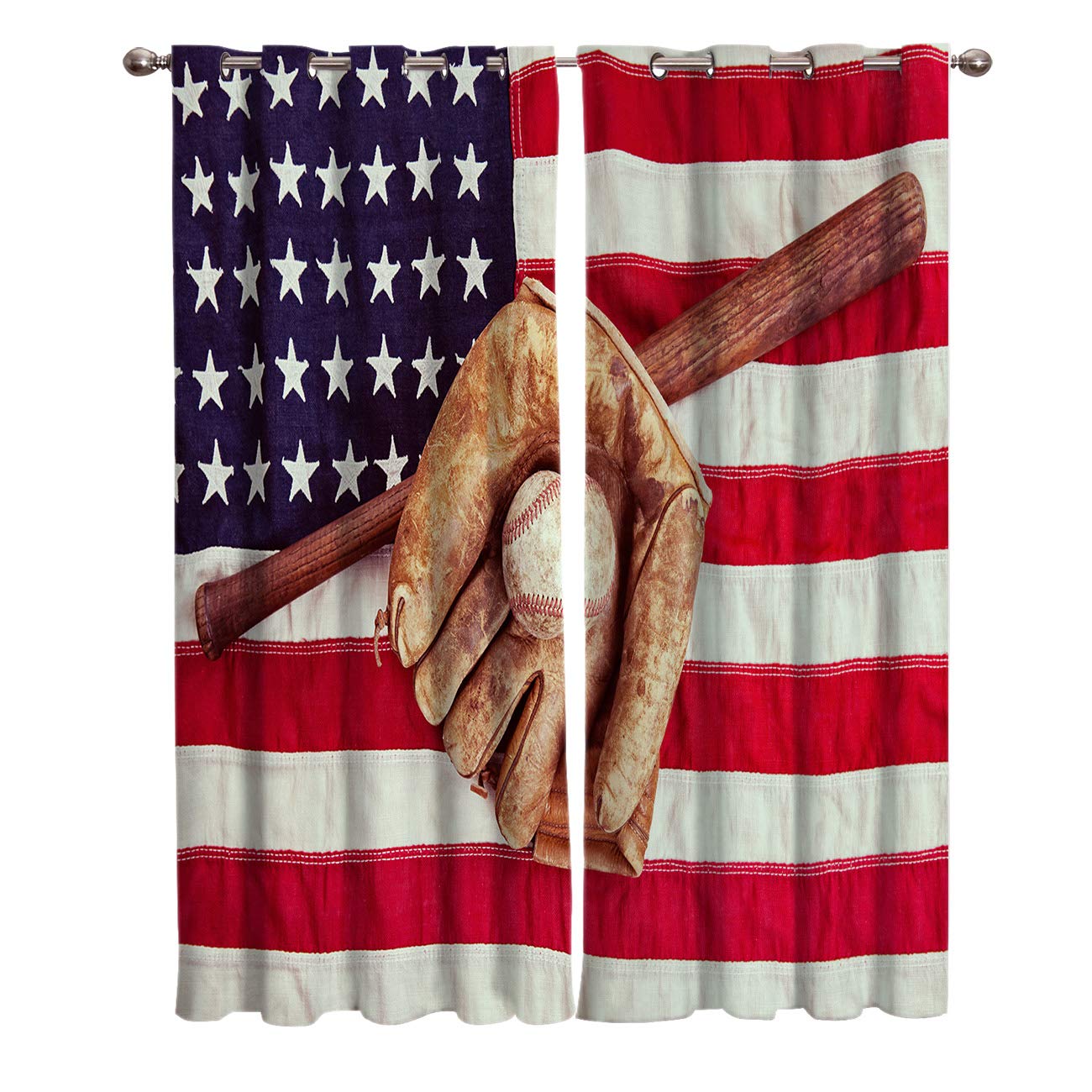 2 Panel Patriotic Kitchen Cafe Curtains - American Flag Baseball Glove Design | Sunlight Filtering Window Treatment for Bedroom & Living Room (80W x 84L Inches) - Perfect for Farmhouse, Diner & Game Room Decor
