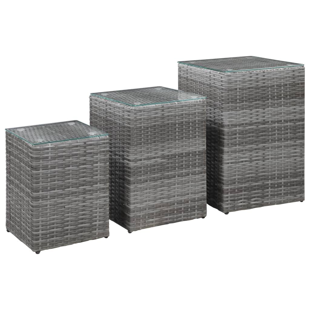 3-Piece Gray Poly Rattan Side Tables with Glass Top - Perfect for Living Room, Bedroom, or Patio Furniture Set