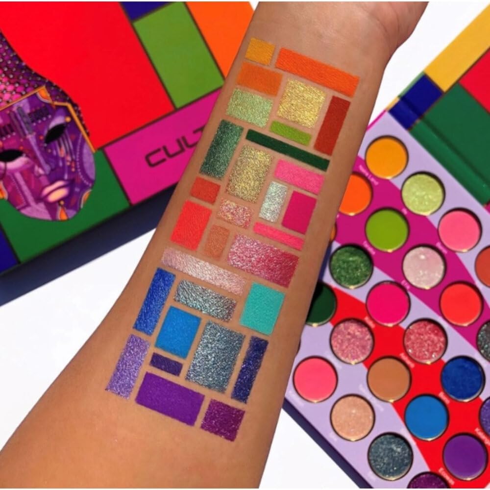 Juvia's Place The Culture Eyeshadow Palette - 30 Highly Pigmented Pressed Shadows in Yellow, Green, Pink, Purple, Orange & Glitter Shades for Vibrant Eye Makeup | Perfect for Daytime Glam & Nighttime Sparkle