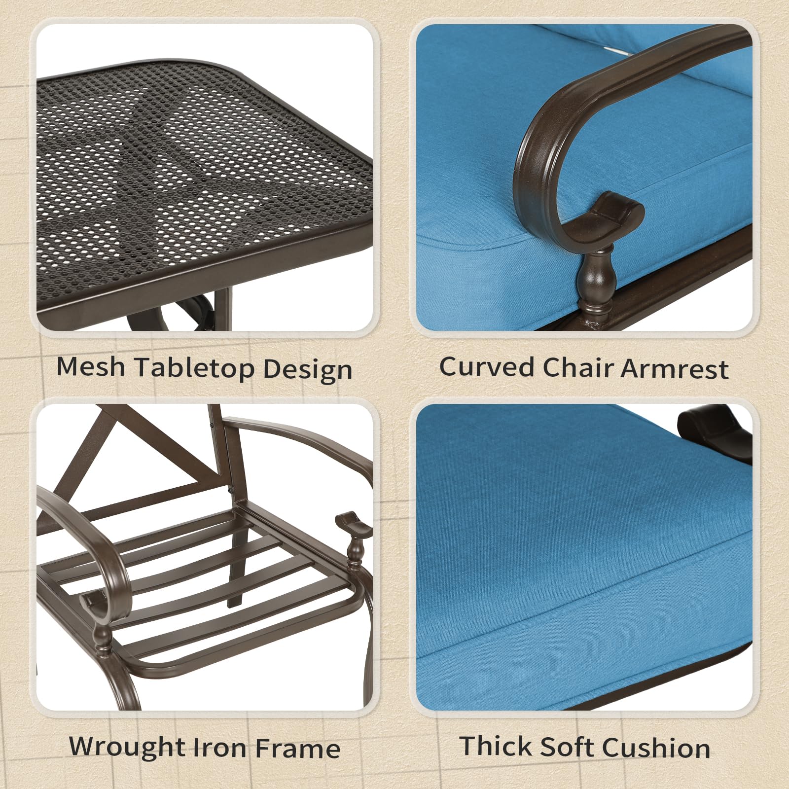 5-Piece Outdoor Patio Furniture Set - Peacock Blue Loveseat, 2 Spring Motion Chairs & Coffee Table, Durable Metal Frame Conversation Set for Garden, Backyard, Poolside or Deck Relaxation