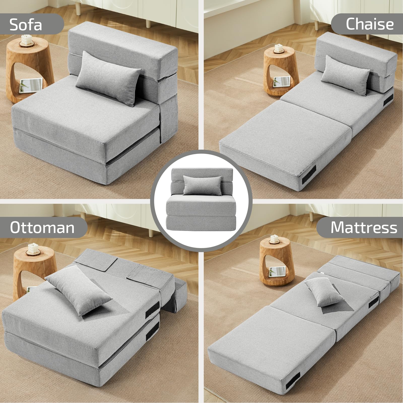 Convertible Folding Sofa Bed with Memory Foam & Pillow - Multi-Functional Sleeper Chair for Living Room, Dorm, Guest Room, Home Office - Light Gray - Perfect for Small Spaces, Overnight Guests & Studio Apartments