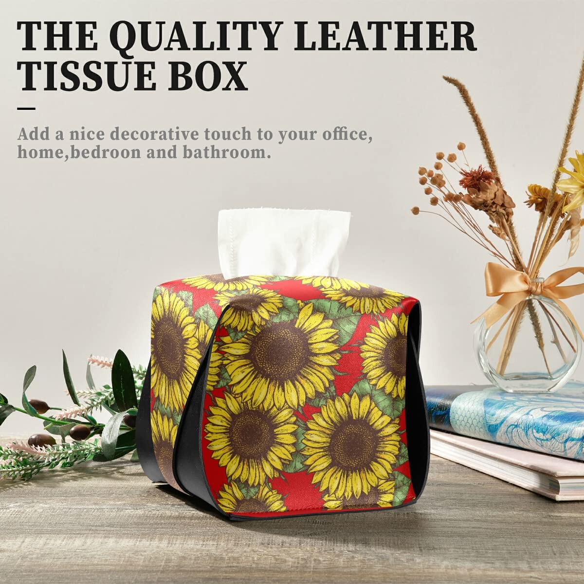 Sunflower Red PU Leather Tissue Box Holder - Rectangle Facial Tissue Dispenser with Hanging Loop for Countertops & Nightstands | Perfect for Living Rooms, Bathrooms & Office Desks
