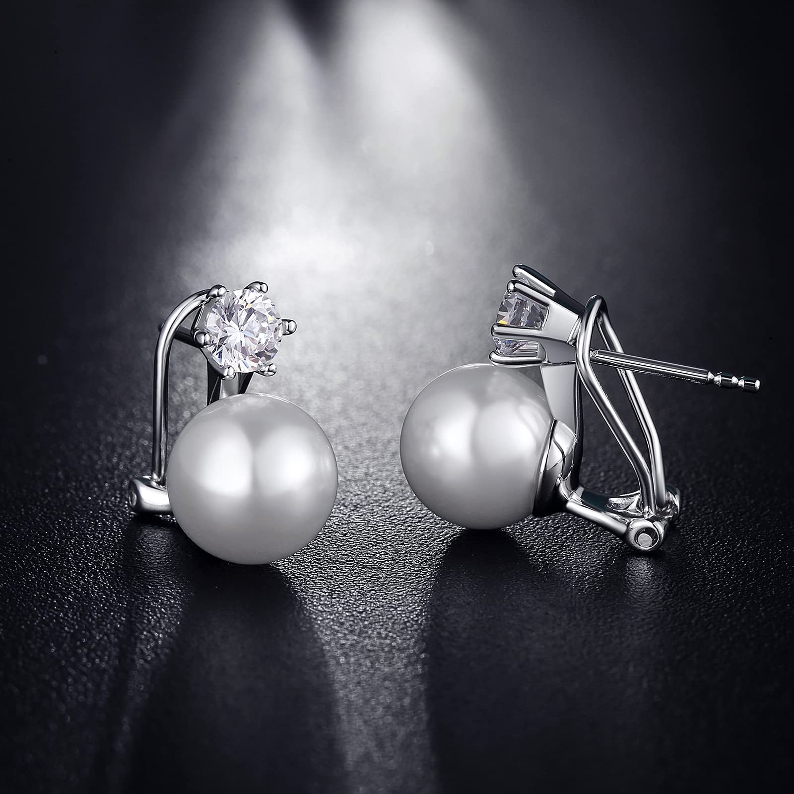 925 Sterling Silver Platinum-Plated Pearl Stud Earrings for Women - 12MM Diamond Accent Dangle Pearl Jewelry | Perfect for Weddings, Parties & Gift Giving