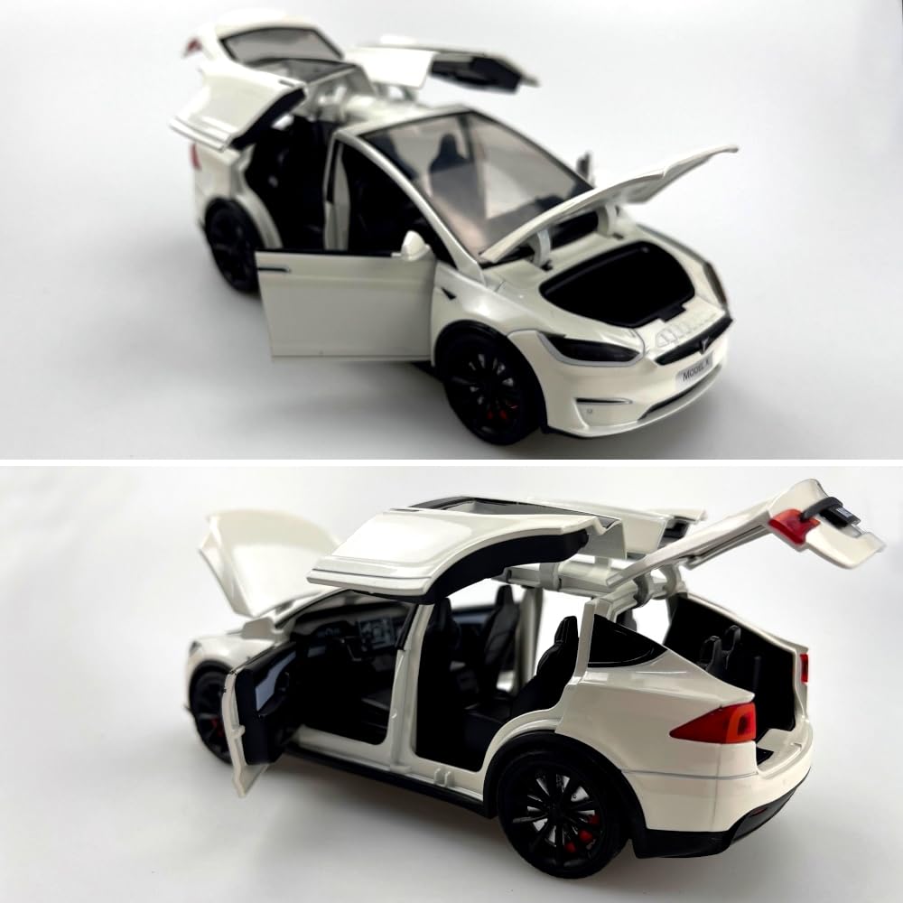 1:24 Scale Tesla Model X Alloy Diecast Toy Car with Gull Wing Doors, Pull Back Action, Lights & Music - Perfect Gift for Boys & Girls (White) - Great for Playtime, Collecting & Birthday Presents