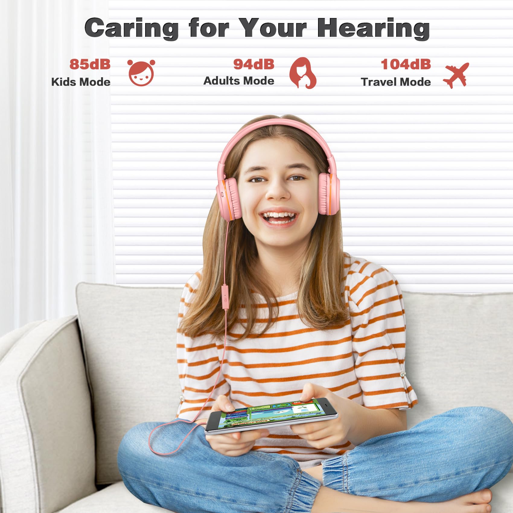 SIMOLIO Kids Wired Headphones with Microphone - Volume Limited (85dB/94dB/104dB) Foldable Lightweight Headset with Share Port & Carrying Bag for School, Travel, Home Use - Compatible with Cellphones, Tablets, Laptops & PCs
