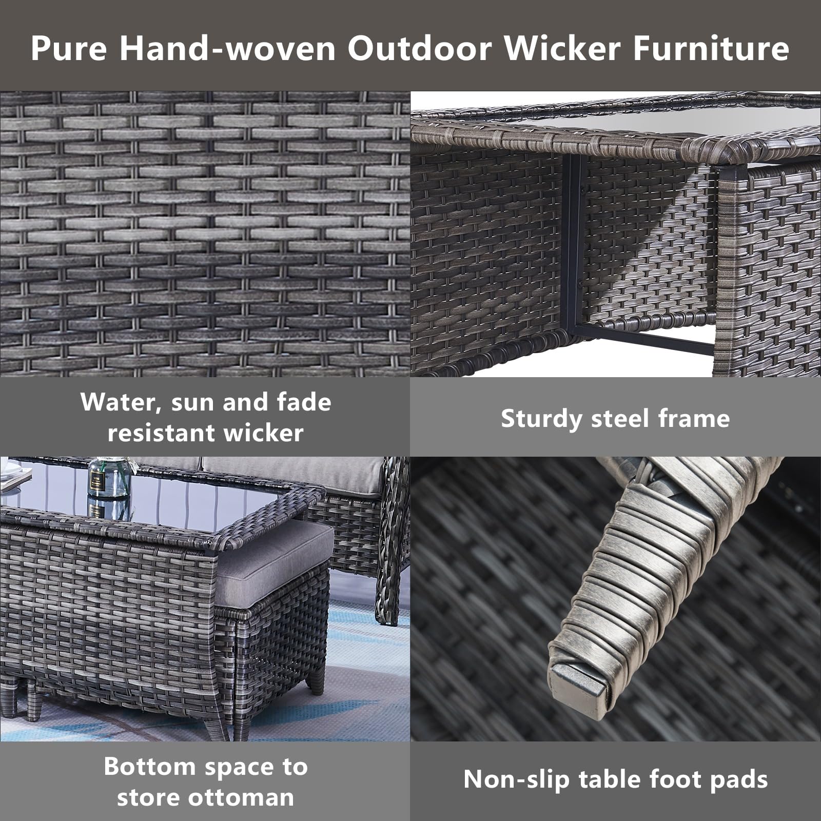 **Outdoor Coffee Table with Tempered Glass Top - Rectangular Patio Table in Mixed Grey Wicker - Handwoven Rattan Coffee Table for Porch, Deck, Backyard - Perfect for Outdoor Lounging, Entertaining & Relaxation**