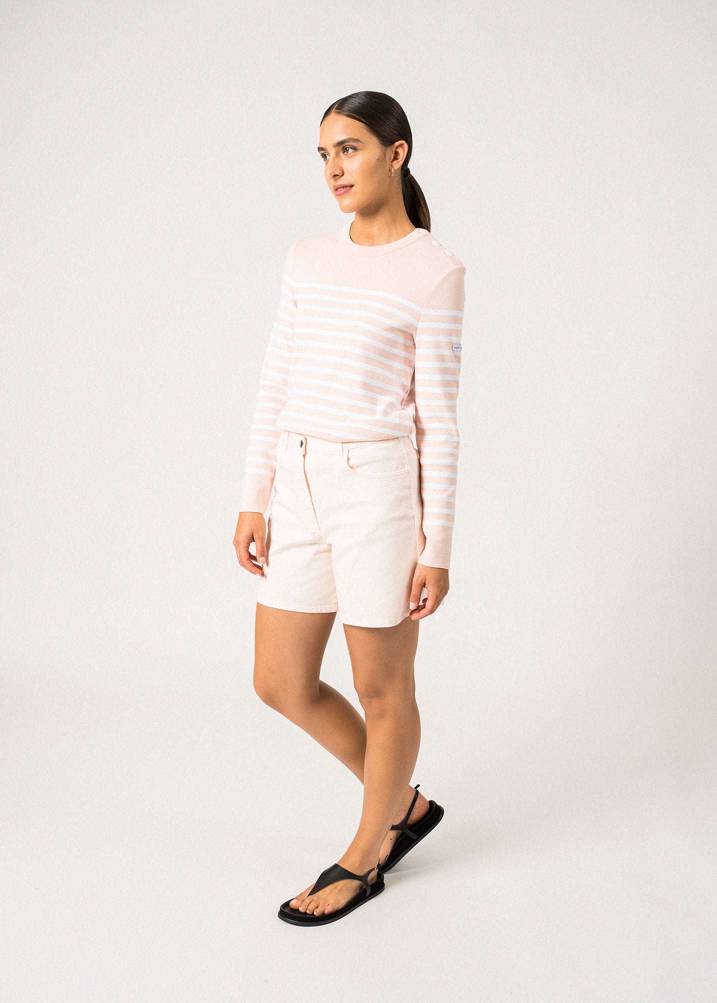 Women's AVIGNON Striped Button Shoulder Sweater - 100% Organic Cotton (Pale Pink/White) | Casual Wear, Office Outfit, Fall Fashion