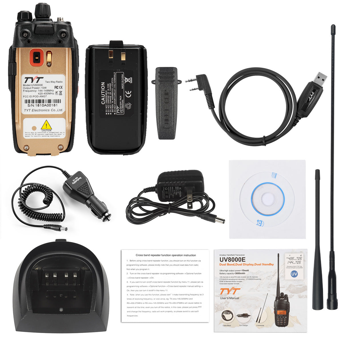 TYT UV8000E Dual Band 10W Two Way Radio with 3600mAh Battery | Cross Band Repeater Function | USB Charging Cable | Ideal for Outdoor Adventures, Emergency Communication & Business Use