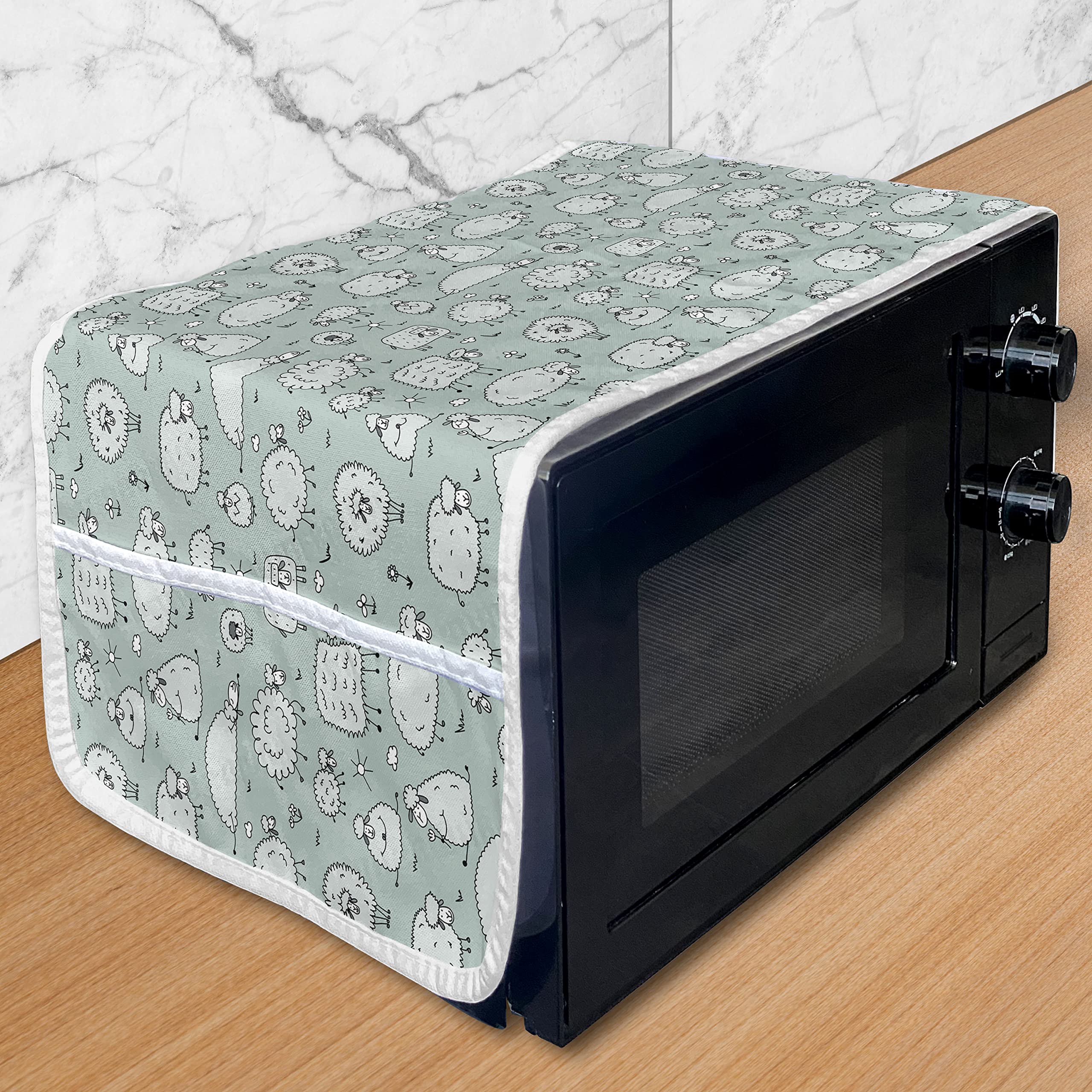 Ambesonne Funny Cartoon Microwave Cover with Sheep Doodle Art - Waterproof Kitchen Organizer with Pockets, 36x12 Inches, Pale Grey Green - Perfect for Microwave Protection & Kitchen Decor