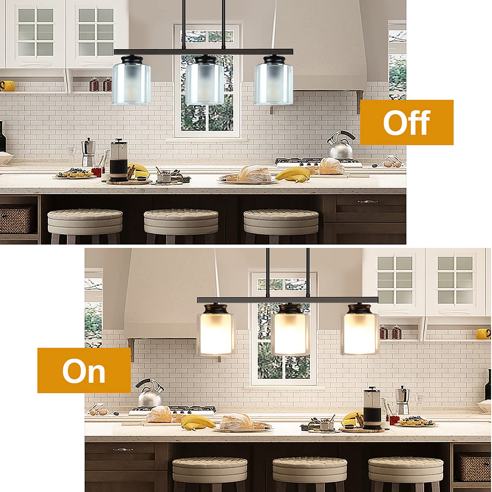 DLLT 3-Light Industrial Pendant Lighting Fixture - Metal Kitchen Island Hanging Light with Glass Shade, Farmhouse Flush Mount Ceiling Light for Dining Room, Foyer, Restaurant, Bar - E26 Base - Perfect for Modern Farmhouse Decor & Commercial Spaces