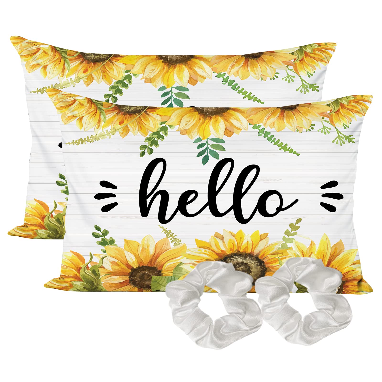 Luxury Satin Pillowcase Set of 2 - Ultra Soft & Cooling Queen Size 20x30 Inches with Sunflower Print, Hidden Zipper Closure & Free Scrunchies - Perfect for Hair Care, Beauty Sleep & Bedroom Decor