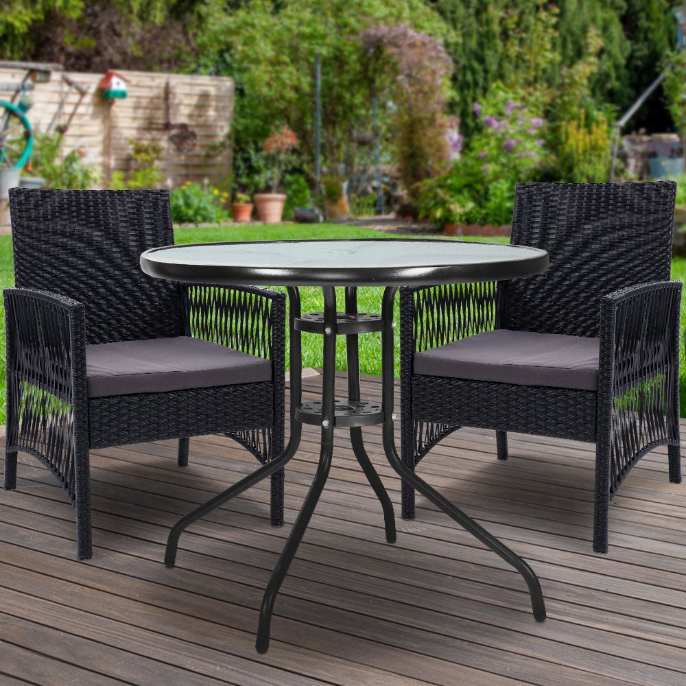 3-Piece Bistro Set Outdoor Patio Furniture - Rattan Table & Chairs with Cushions for Garden, Balcony, Backyard Dining & Relaxation
