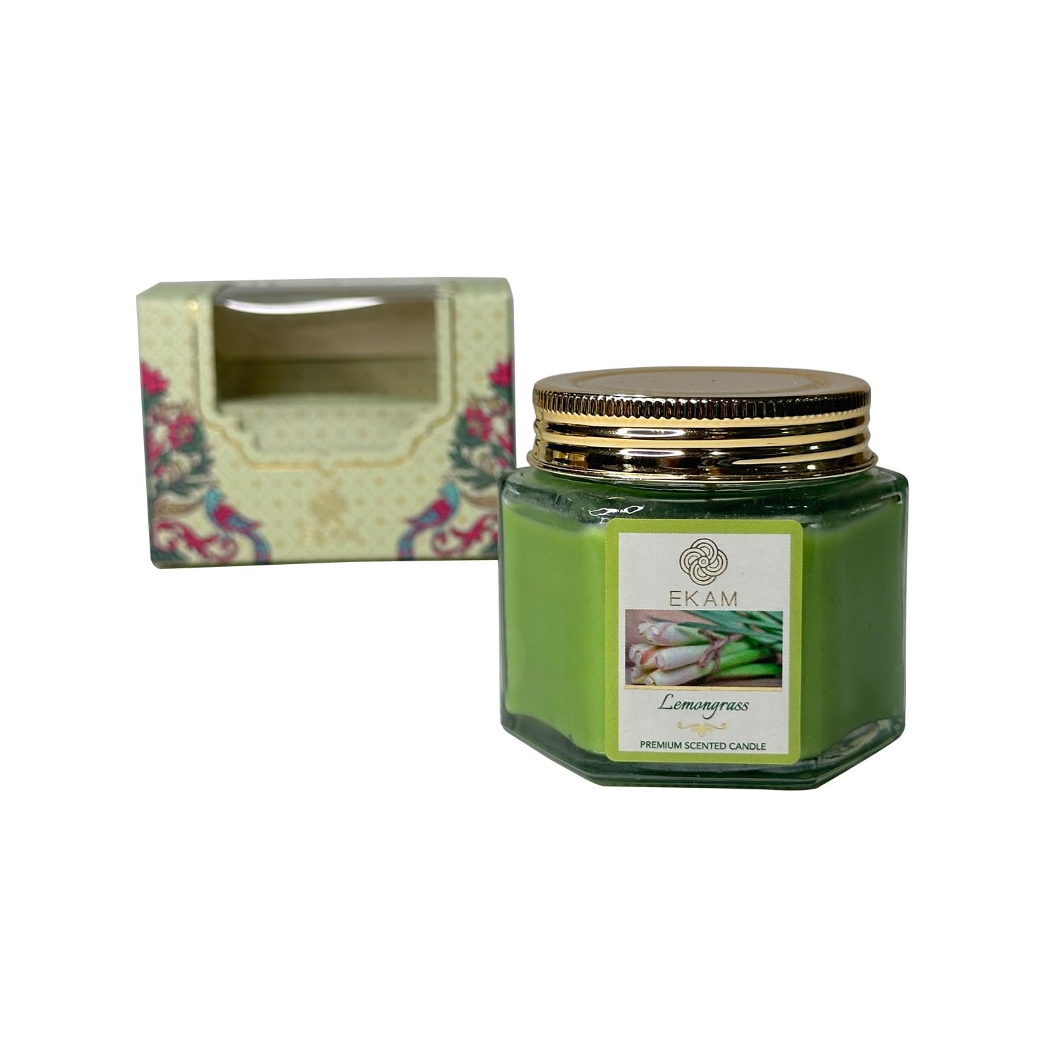 EKAM Lemongrass Scented Hexagonal Jar Candle - Long Lasting 15-Hour Burn, Vegan & Lead-Free Wick, 71g Home Decor & Aromatherapy Gift in Colorful Gift Box | Perfect for Relaxation, Meditation & Spa Nights