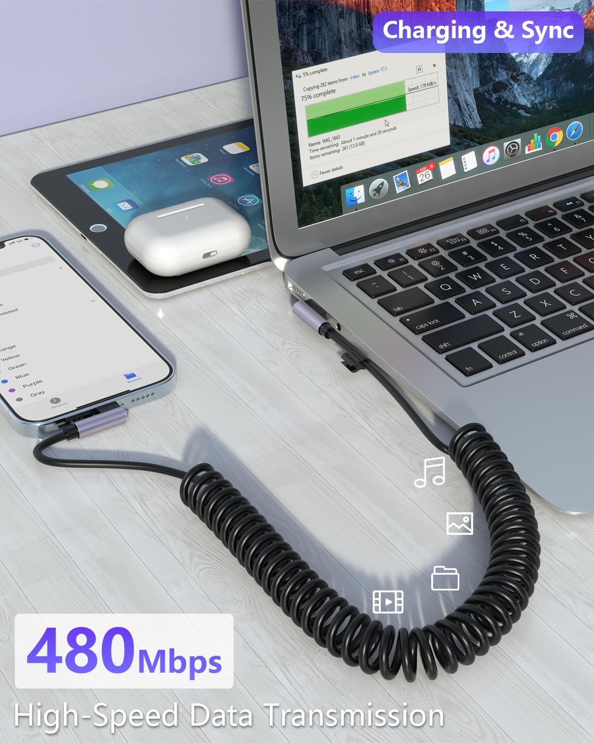90 Degree Coiled Lightning Cable MFi Certified - 2 Pack Short iPhone Charger for Car, 3FT USB Cable for iPhone 14/13/12/11 Pro Max/XR/XS/X/8/7 & iPad/iPod - Perfect for CarPlay & Tight Spaces