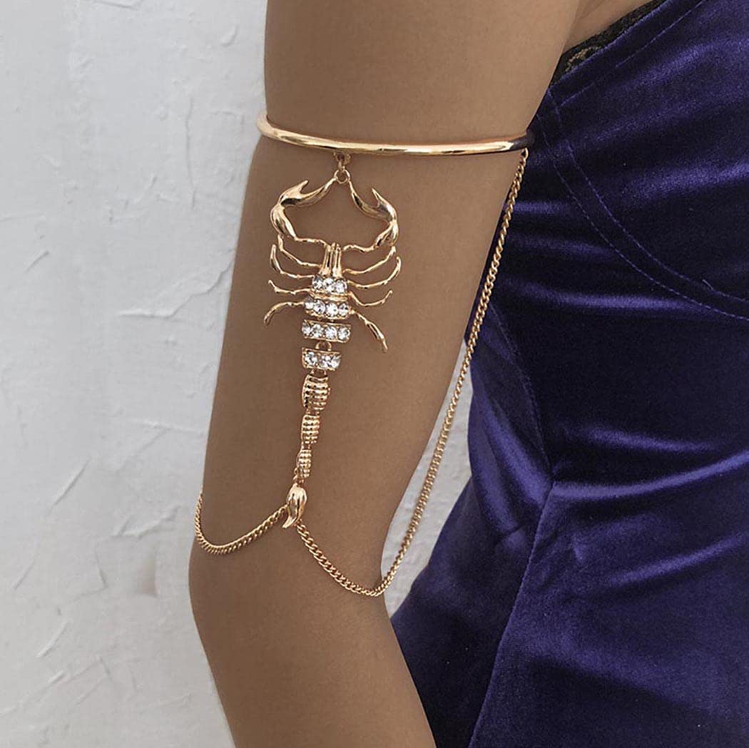 Obmeyc Gold Arm Bracelet with Crystal & Scorpion Charm - Adjustable Boho Tassel Cuff Bracelet for Women | Perfect for Festivals, Parties & Boho Fashion