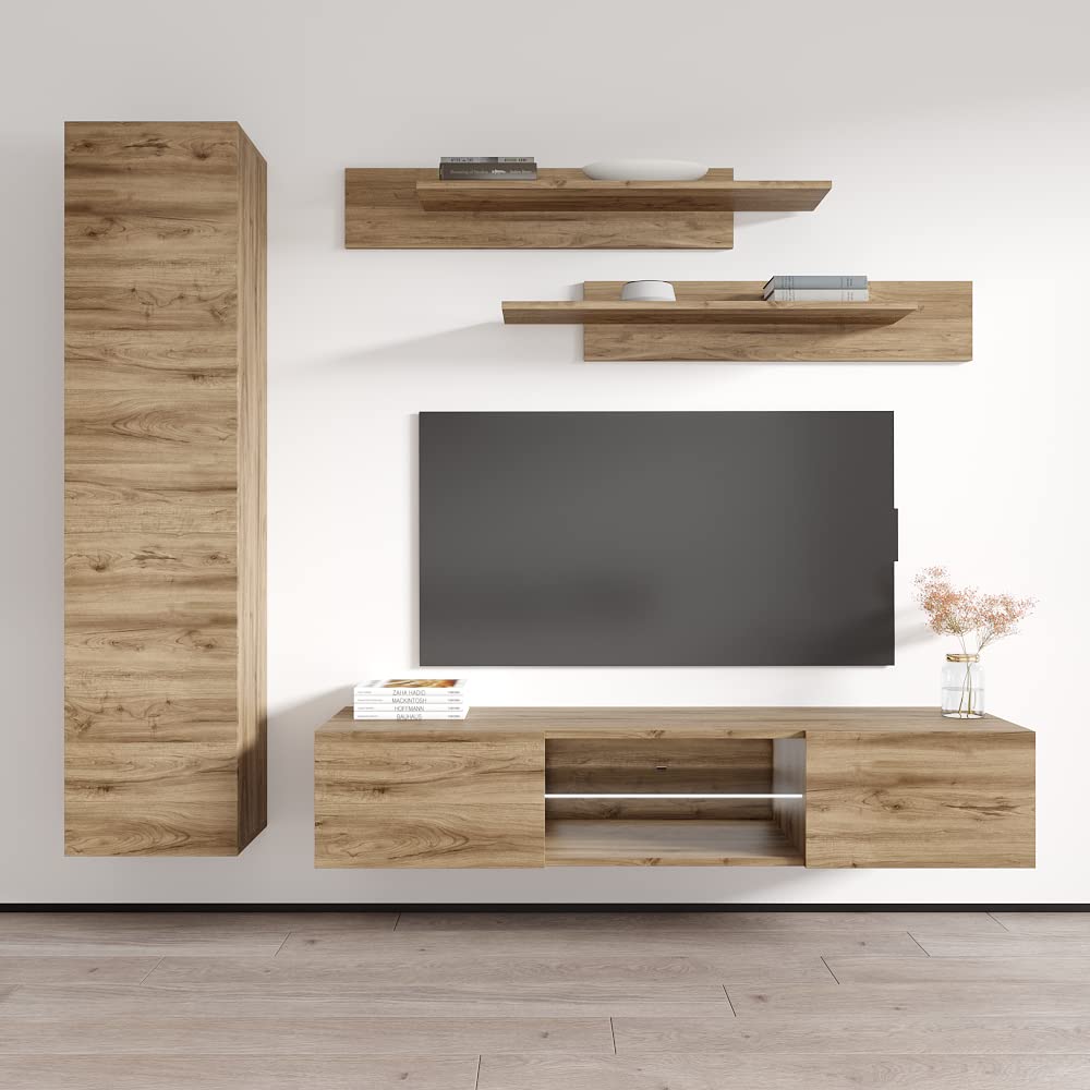 Fly G1 33'' Wall Mount TV Stand - Modern Floating Entertainment Center with Storage Shelves & LED Lights for Bedroom & Living Room - Oak Wood Media Console - Perfect for Small Spaces & Home Theater Setup