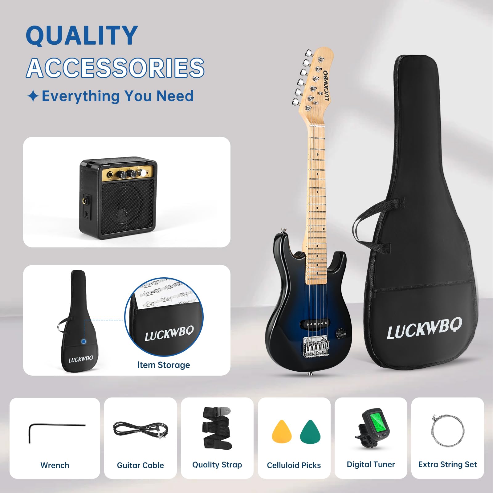 30 Inch Kids Electric Guitar Beginner Kit - ST Style Mini Electric Guitar for Boys & Girls with 5W Amp, Strap, Gig Bag, Tuner & Picks (Blue Burst) - Perfect for Home Practice, Music Lessons & First-Time Players